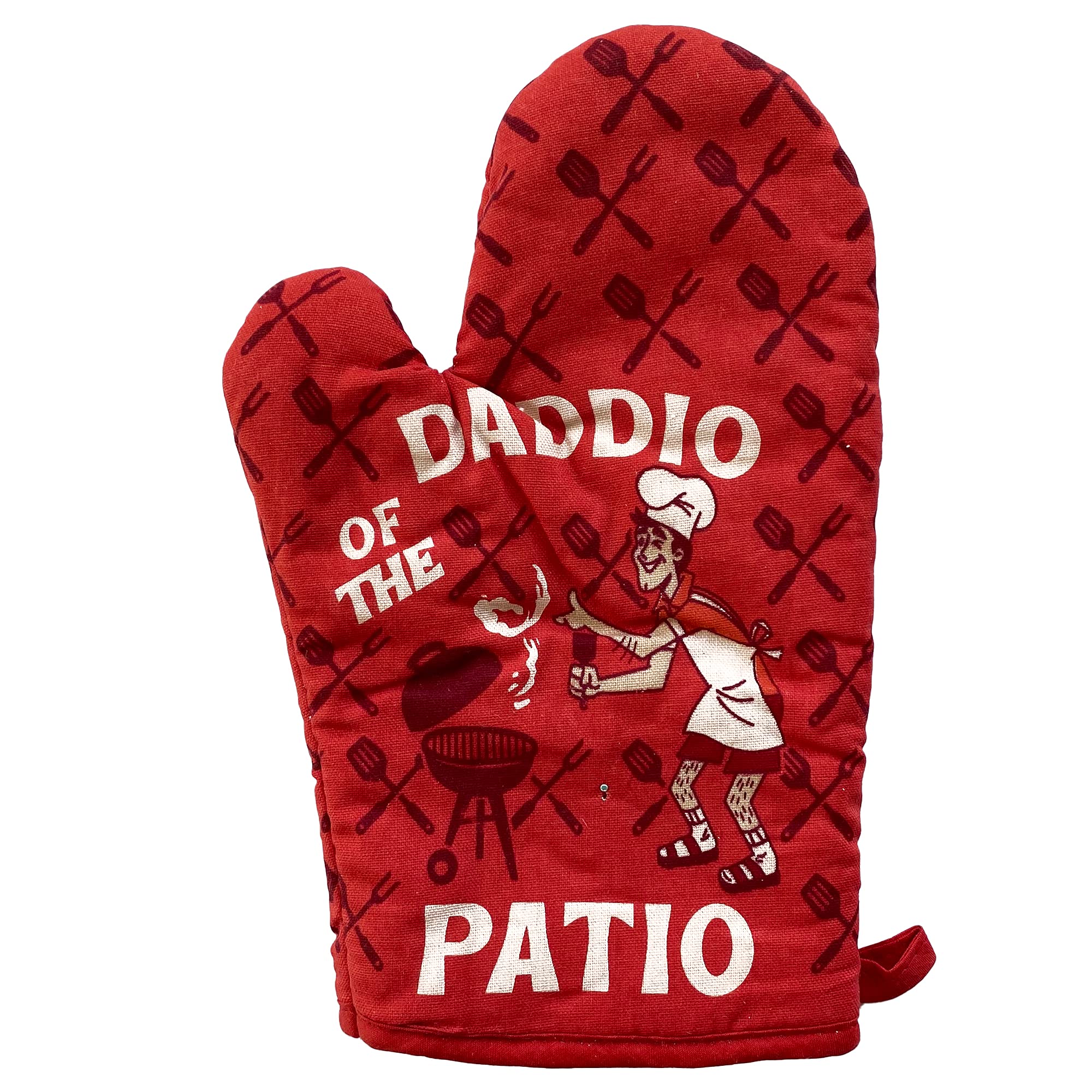 Funny BBQ Oven Mitt - Crazy Dog T-Shirts Daddio of The Patio Design - Heat Resistant Grilling Glove for Fathers Day, Backyard Cooking & Kitchen Use - Red Novelty Dad Joke Gift for Grill Masters & Home Chefs