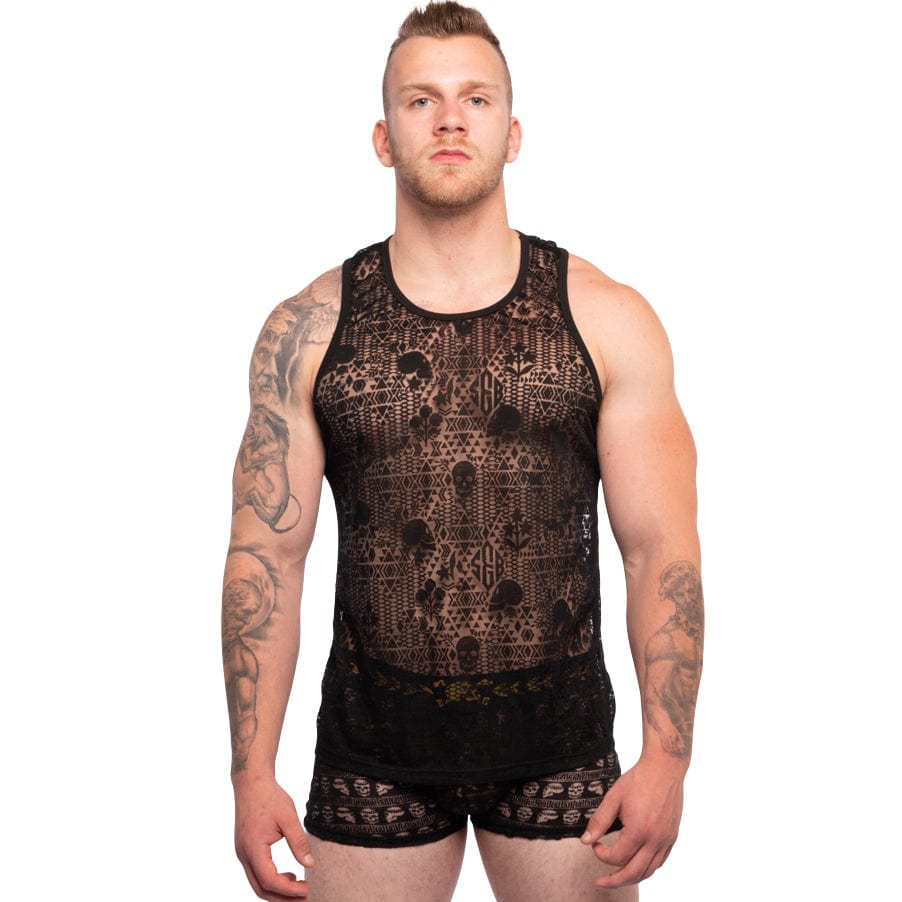 Skull & Bones Burnout Tank Top for Men - Black Graphic Tee for Casual Wear, Street Style & Rock Music Fans