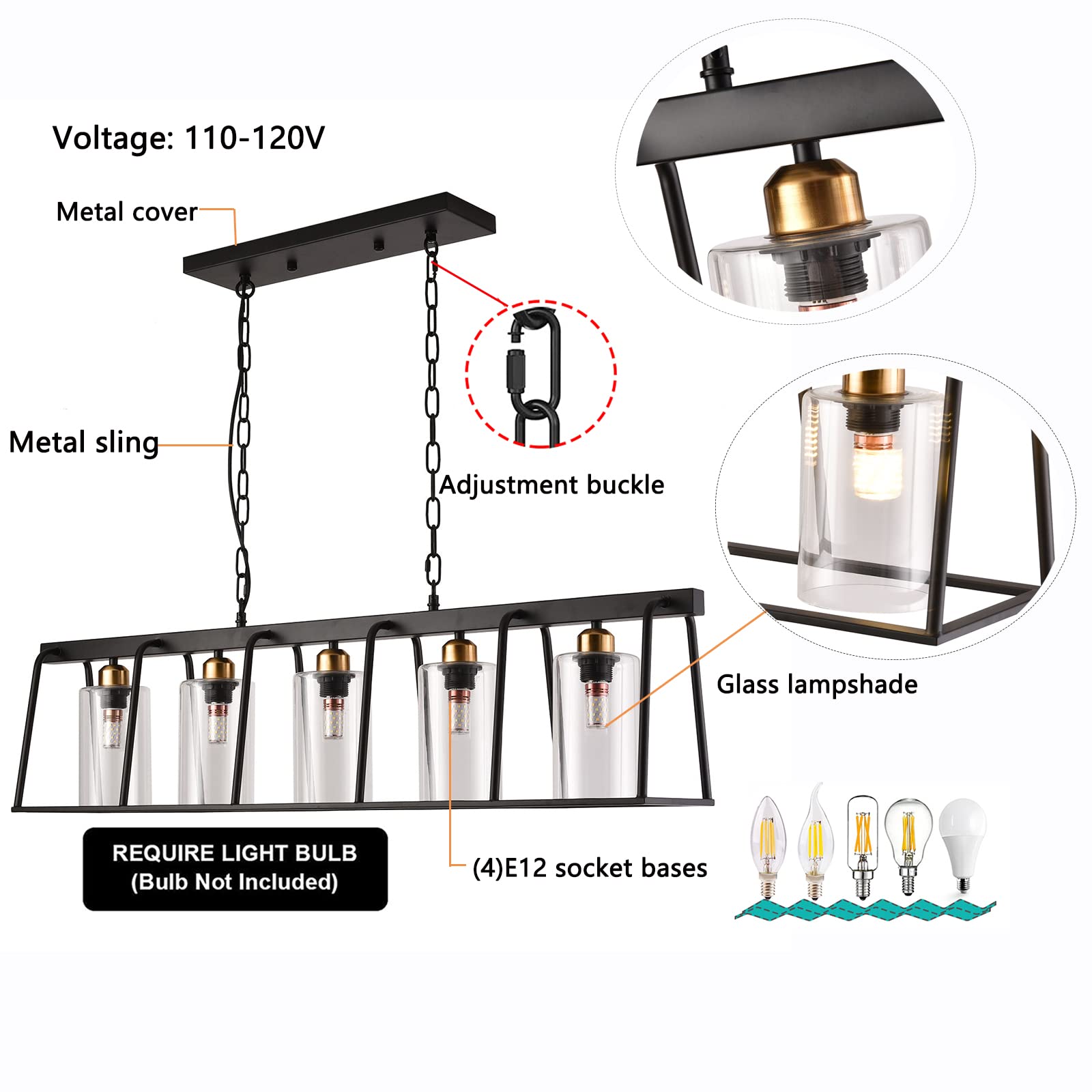 Modern 5-Light Rectangle Chandelier with Clear Glass Shades - Adjustable Rustic Pendant Lighting for Dining Room, Kitchen, Bedroom, Living Room, Foyer & Hallway - Perfect for Farmhouse, Industrial & Contemporary Home Decor