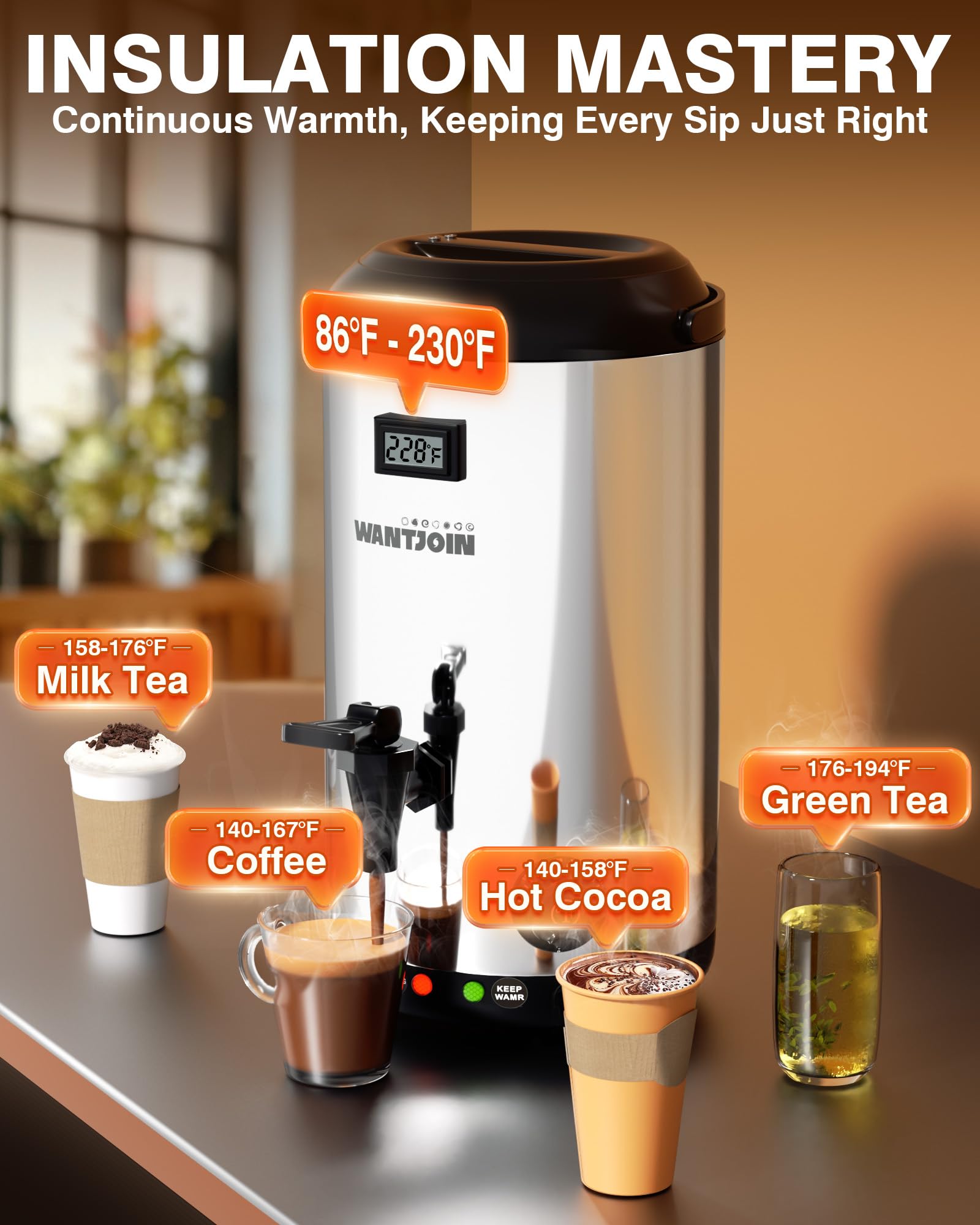 WantJoin 12L/3.2 Gallon Stainless Steel Electric Beverage Dispenser - Hot & Cold Water Urn with Spigot for Coffee, Tea, Milk, Juice - Perfect for Offices, Cafes, Parties and Events (Silver)