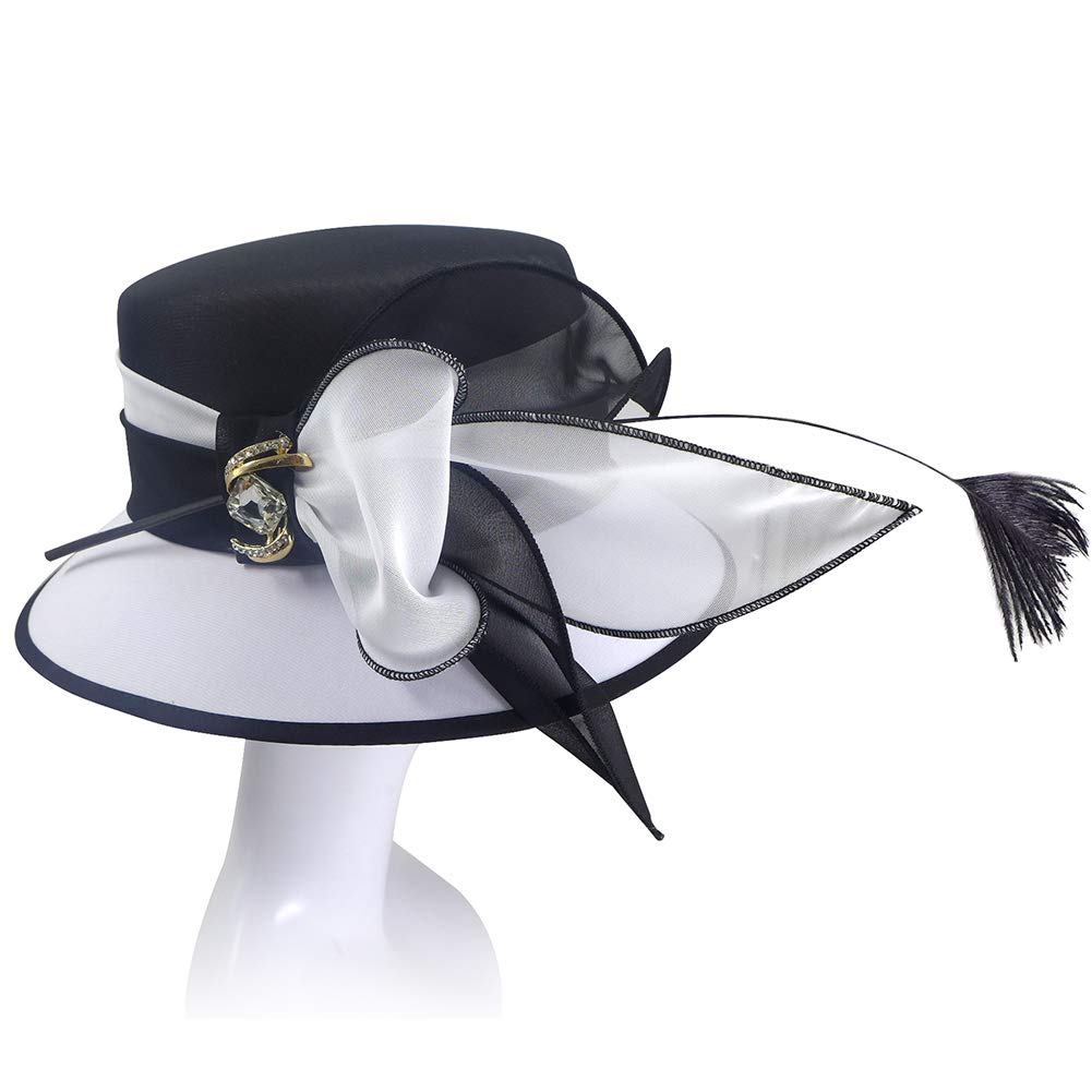 Elegant Black & White Derby Hats with Feather for Women | Formal Church & Wedding Hats | Stylish Bucket Hat for Sunday Service, Tea Party & Special Occasions