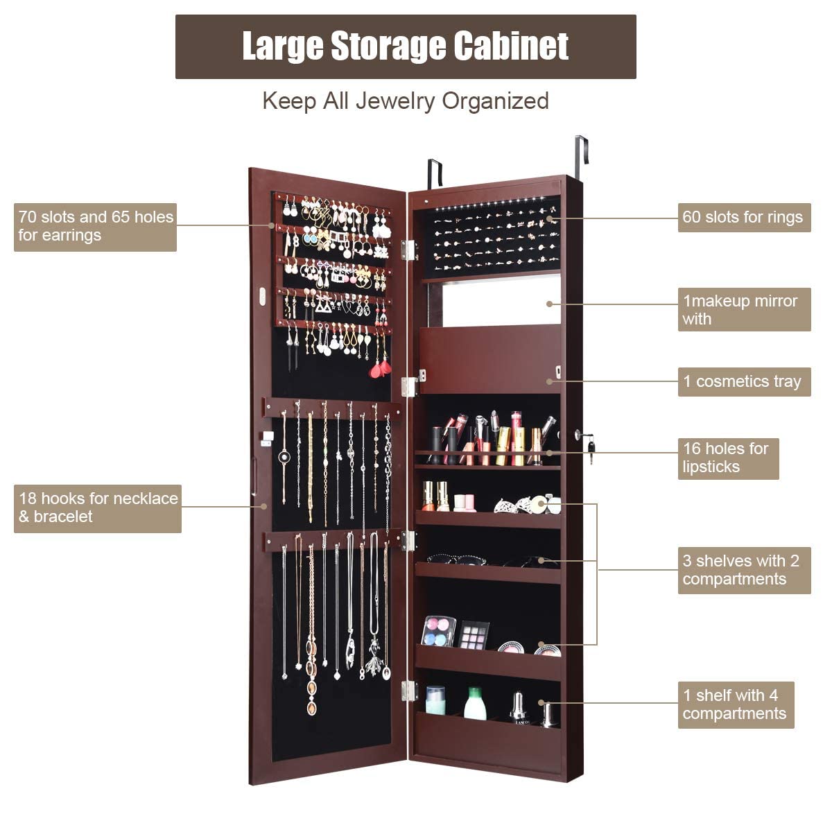 MAT EXPERT 15-LED Lighted Jewelry Armoire with Full-Length Mirror - Lockable Wall/Door Mounted Jewelry Cabinet Organizer for Bedroom, Dressing Room & Makeup Display - Brown (Perfect for Small Spaces & Gift Giving)