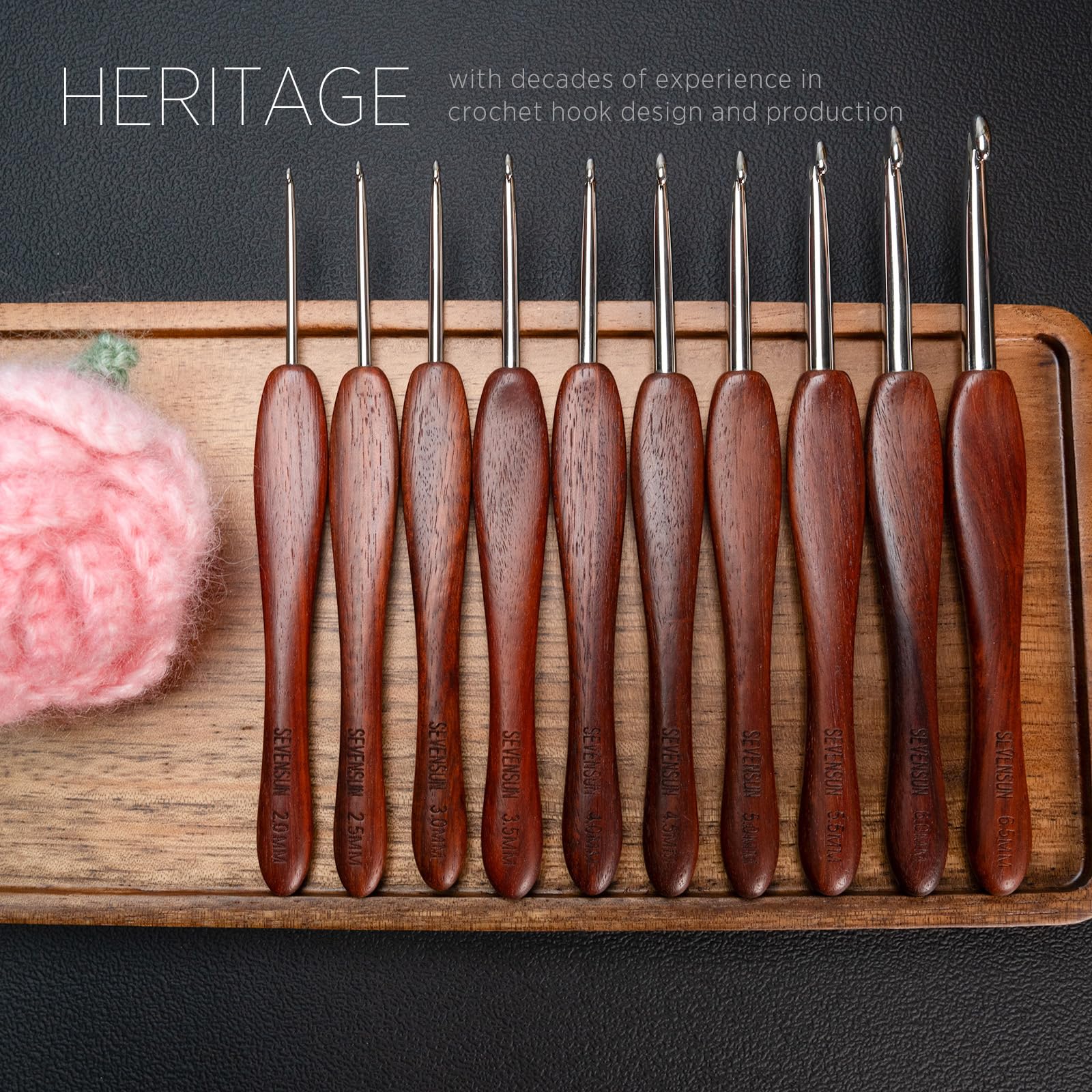 SEVENSUN 5-Piece Mimosa Crochet Hook Set (2mm 3mm 4mm 5mm 6mm) - Ergonomic Stainless Steel Crochet Needles with Wooden Handle for Knitting, Amigurumi, Blankets & DIY Crafts - Perfect for Beginners & Professional Crocheters