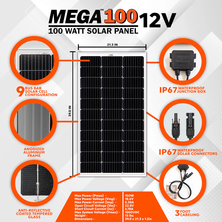 100 Watt Solar Panel | 12V Off-Grid Solar Power Kit for RV, Van, Boat & Camping | UL Certified | 25-Year Warranty | Portable Solar Charger for Outdoor Adventures, Emergency Power & Off-Grid Living