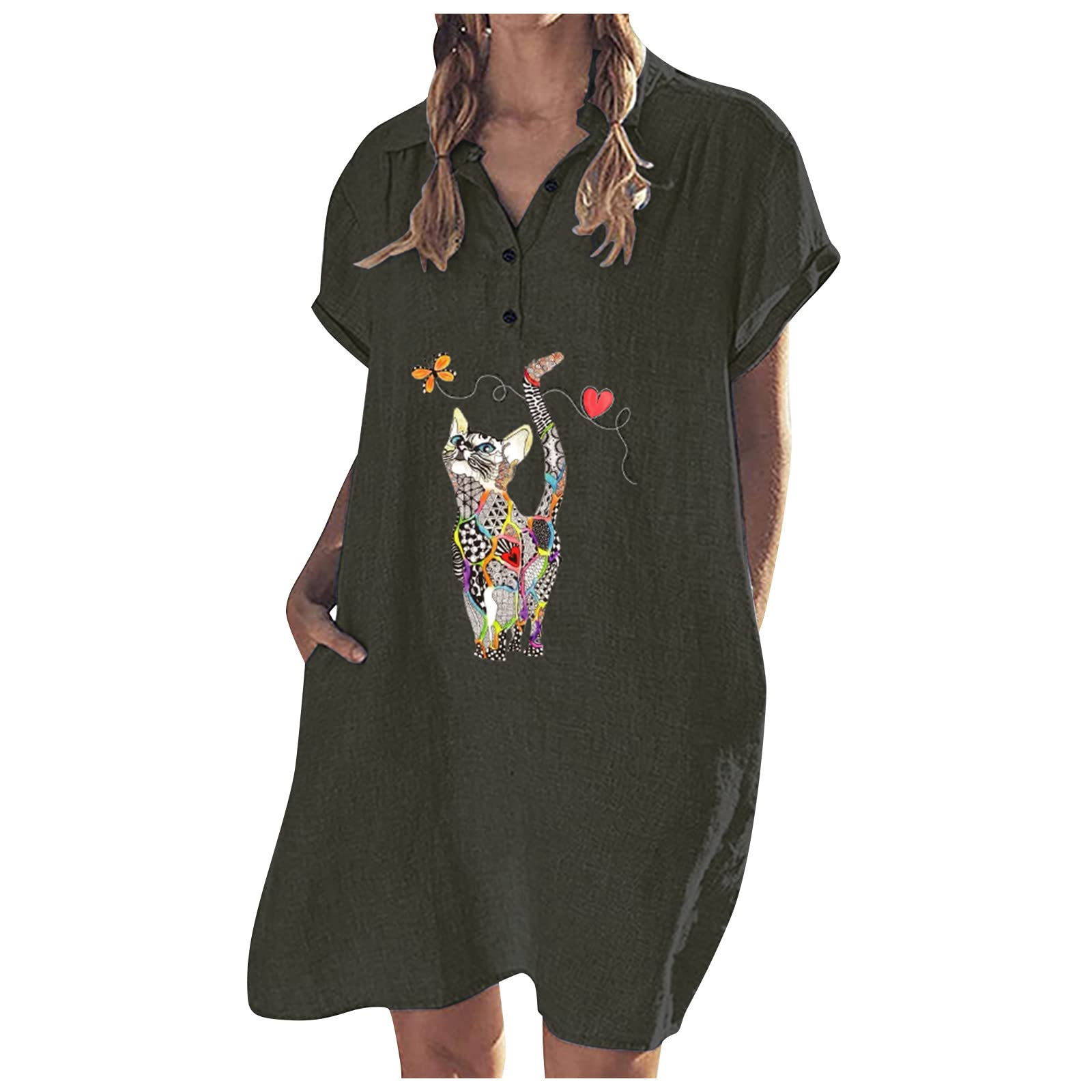Funny Graphic Short Sleeve V-Neck Button Down Mini Dress for Women - Summer Casual Shirt Dress with Pockets | Perfect for Beach Outings, Picnics & Date Nights