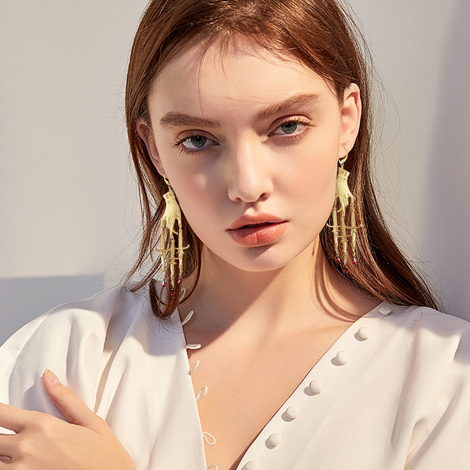 14K Gold Hand Cross Dangle Drop Earrings for Women - Elegant Ethnic Knife Sword Charm Earrings - Unique Statement Jewelry Gift for Birthday, Christmas & Special Occasions