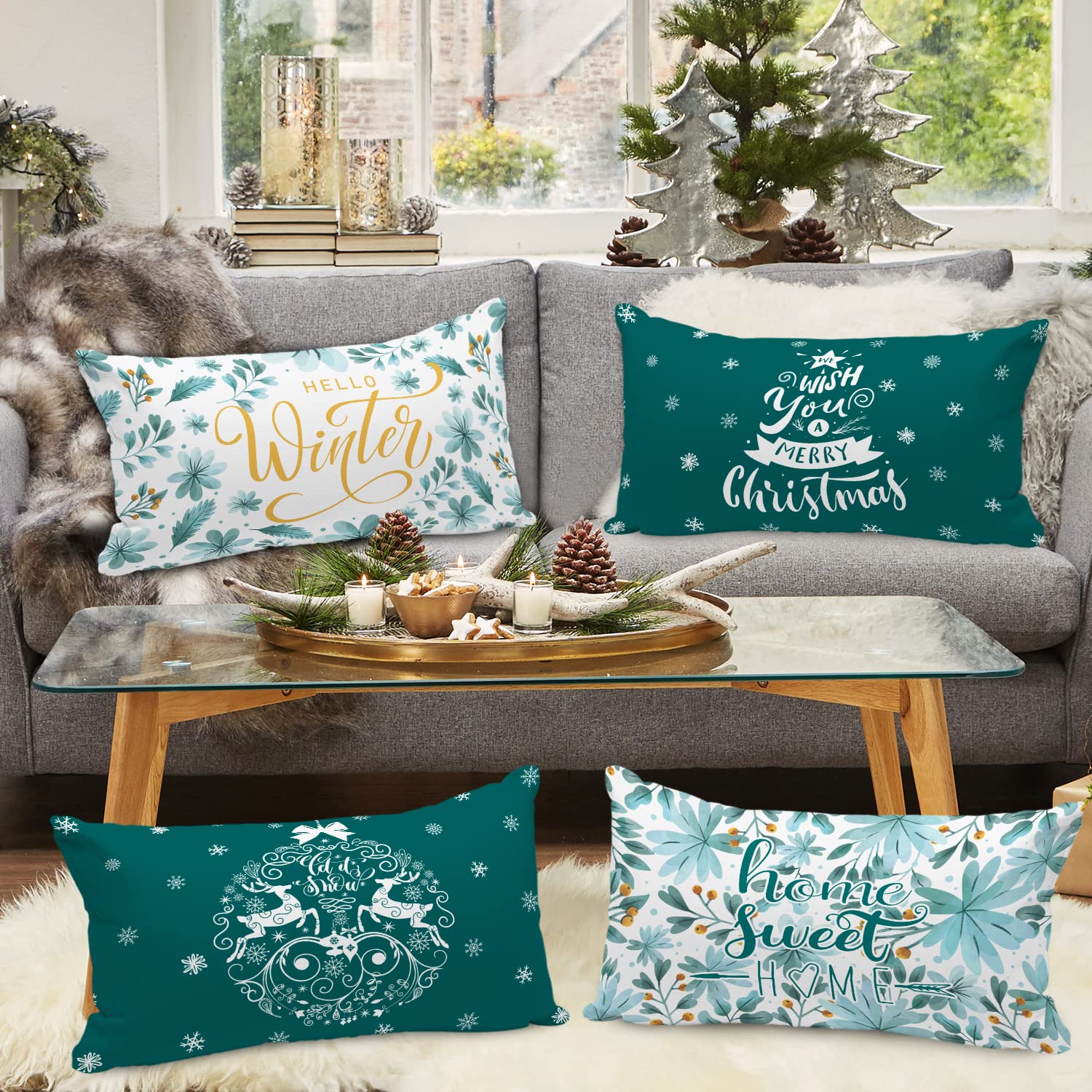 Lanpn Merry Christmas Lumbar Throw Pillow Covers 12x20 (Set of 4) - Decorative Teal Holiday Cushion Covers for Sofa, Bed & Home Decor | Perfect for Winter, Xmas Tree & Fireplace Cozy Decorations