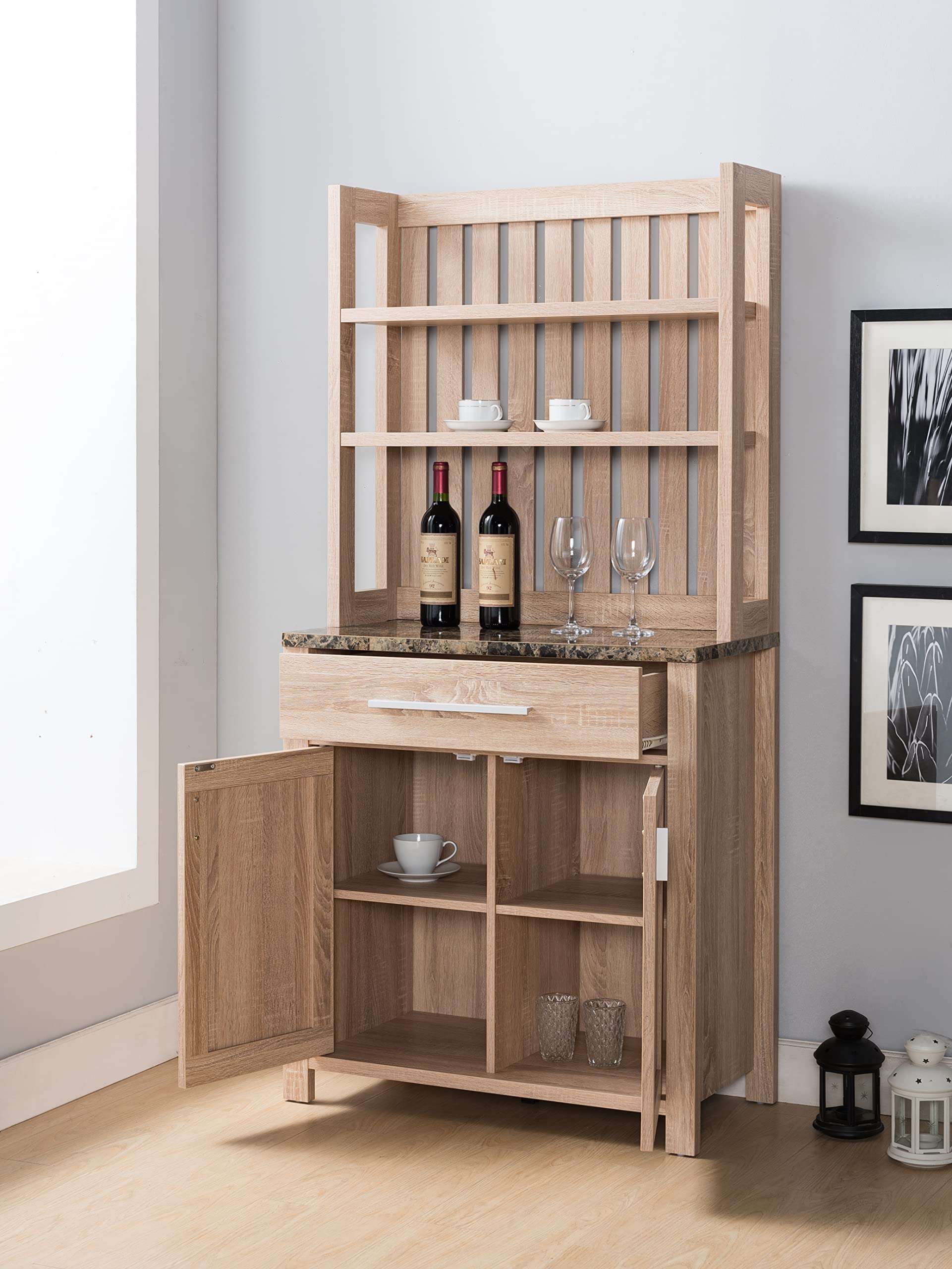 Premium Wooden Wine Cabinet - Bar Storage Cabinet for Kitchen, Dining Room & Pantry - Organize Dishes, Glasses & Bottles - Natural Finish Home Furniture for Entertaining & Storage