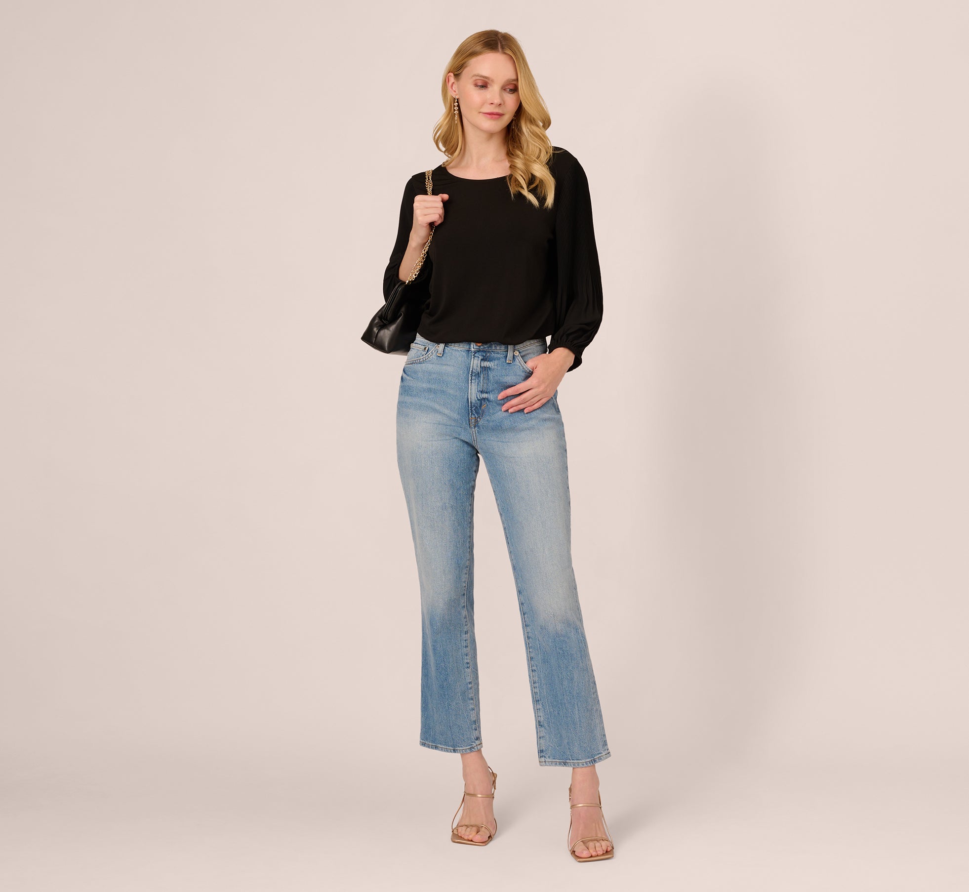 Black Knit Top with Pleated Sleeves - Women's Elegant Casual Blouse for Office, Date Night & Fall Layering