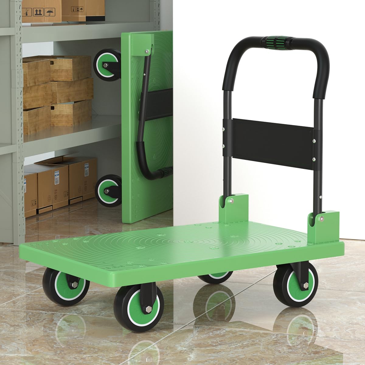 **WUD Heavy Duty Folding Push Cart - 1323 lb Capacity, 360° Swivel Wheels, Reinforced Steel Frame (35.4