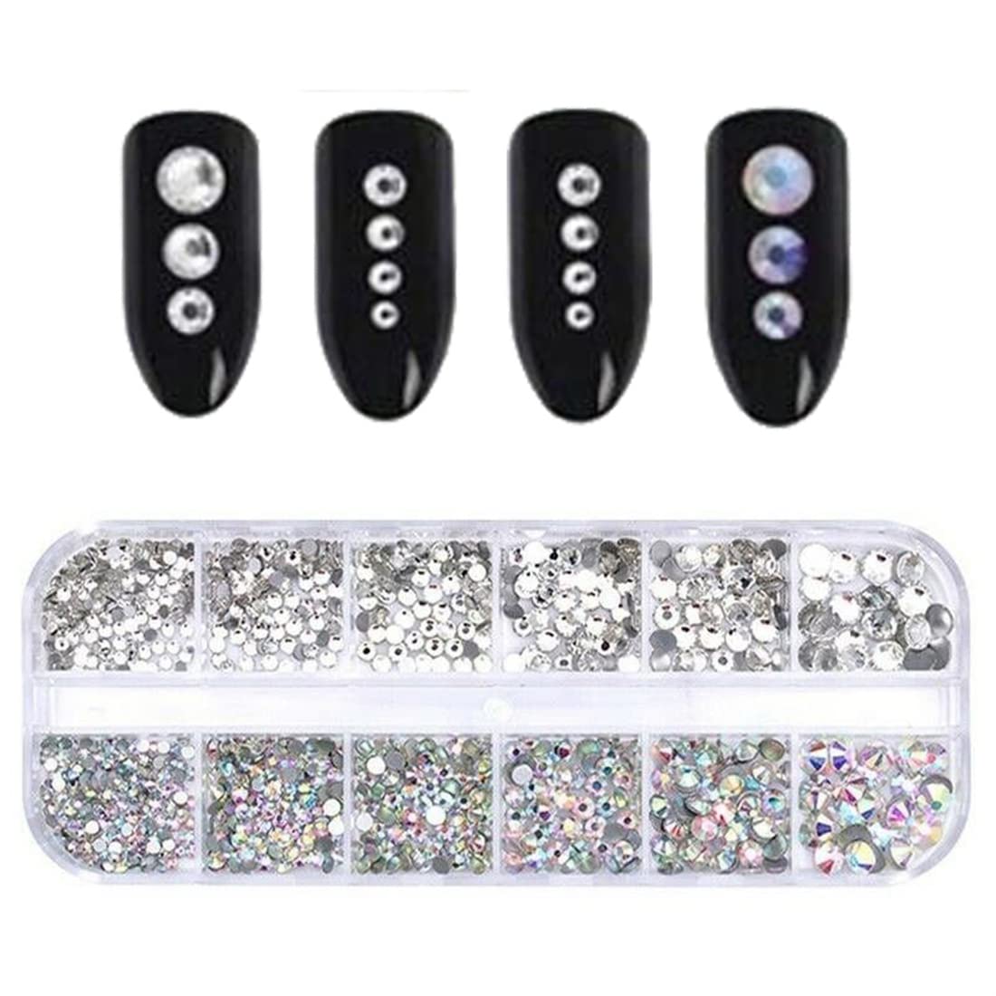 12 Grid Nail Rhinestones Set - 1.5mm-6mm 3D Glass Crystal AB & Clear Nail Gems with Pearls for Nail Art | Perfect for DIY Manicure, Nail Salon, Wedding, Party & Special Occasion Nail Designs