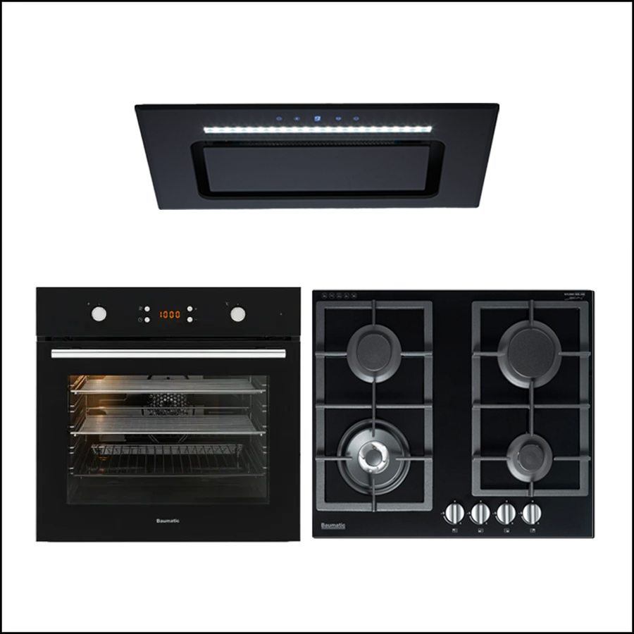 Baumatic 60cm Black Glass Built-in Appliance Package BA02 - Stylish Kitchen Solution for Modern Homes | Perfect for Cooking, Baking & Entertaining