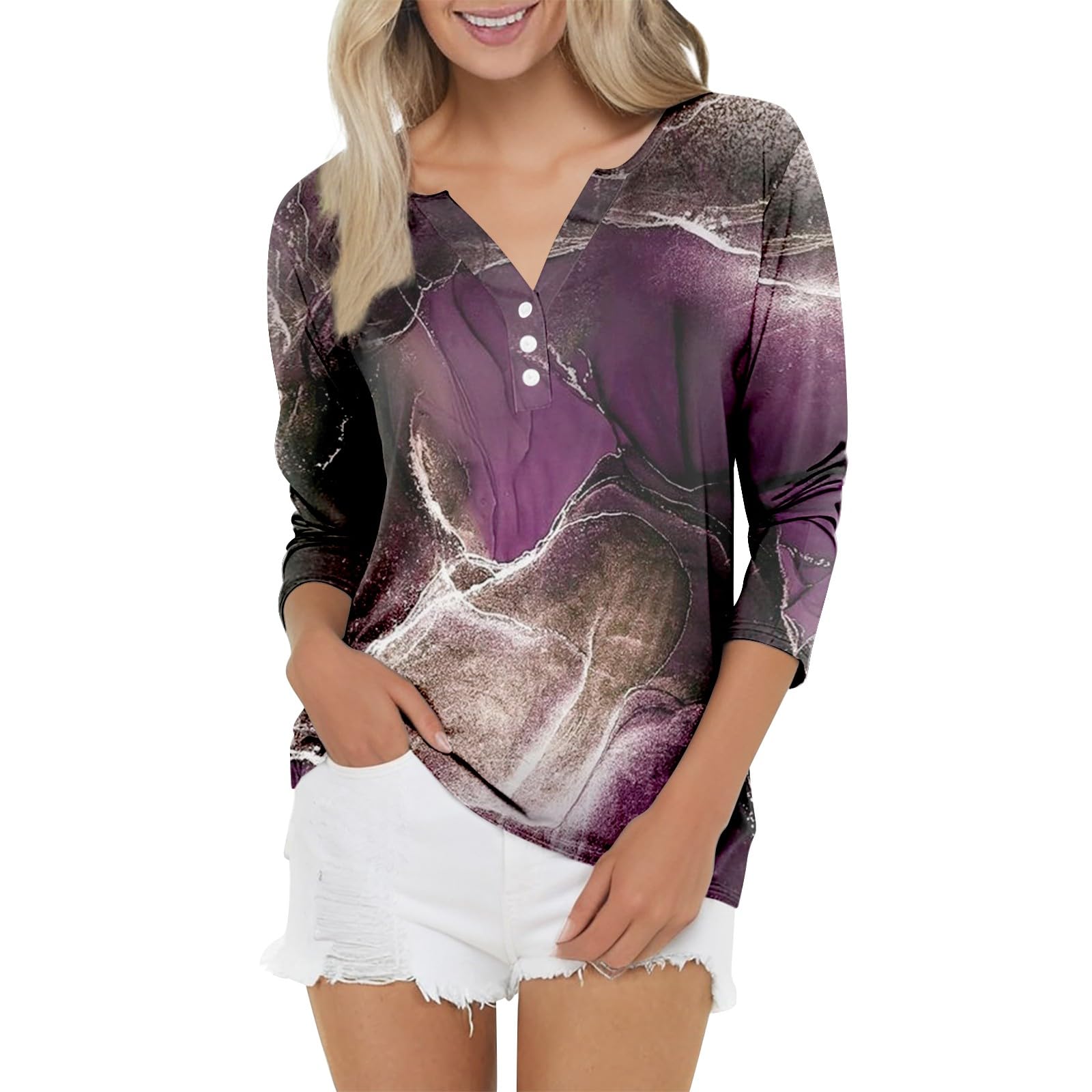 Women's Cotton 3/4 Sleeve V-Neck Button Down Blouse - Loose Fit Solid Color Henley Work Shirt for Office, Casual & Business Wear