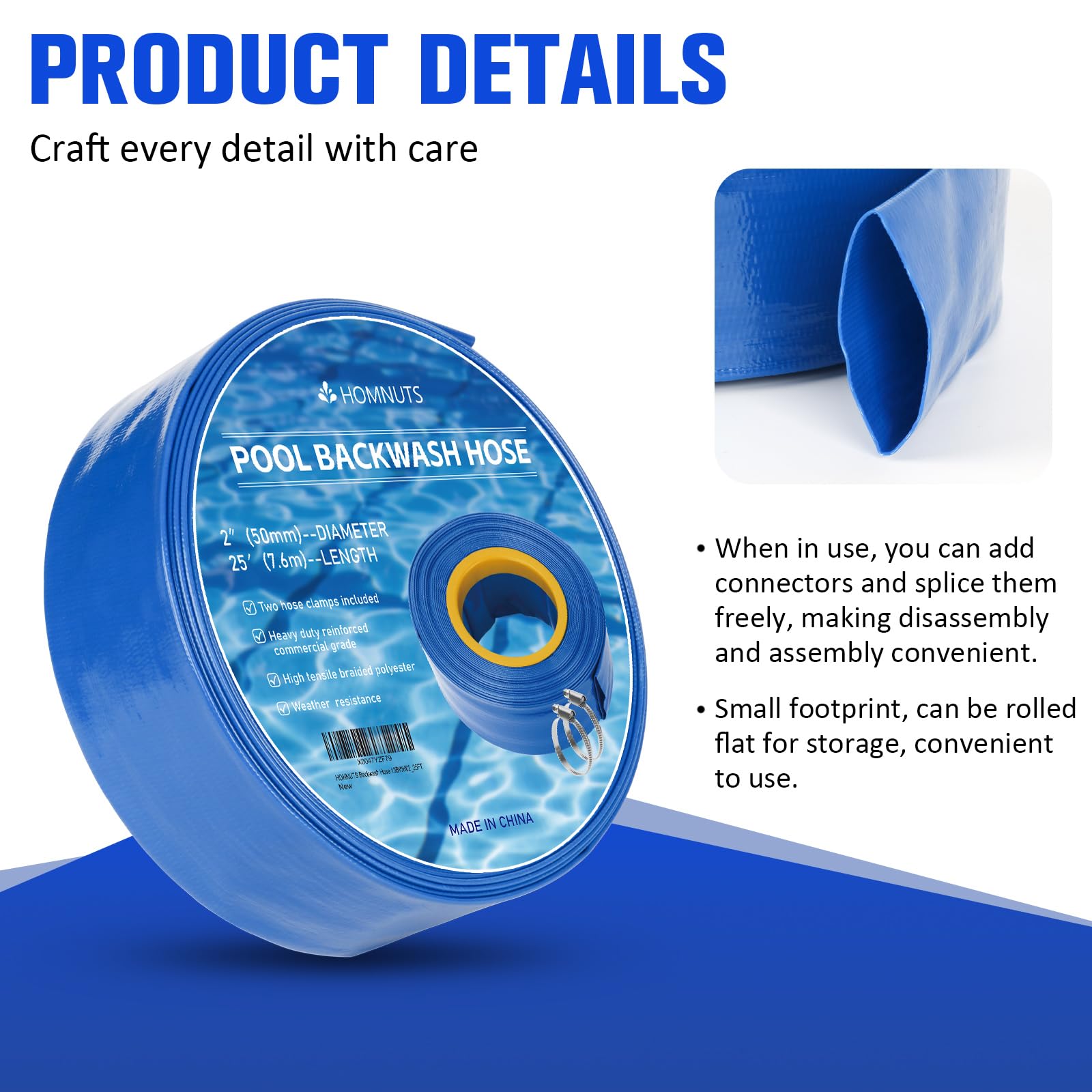 2 Inch x 25 Feet Blue Pool Backwash Hose with Stainless Steel Clamps - Durable Swimming Pool Cleaning Pipe for Water Transfer, Garden Irrigation & Maintenance
