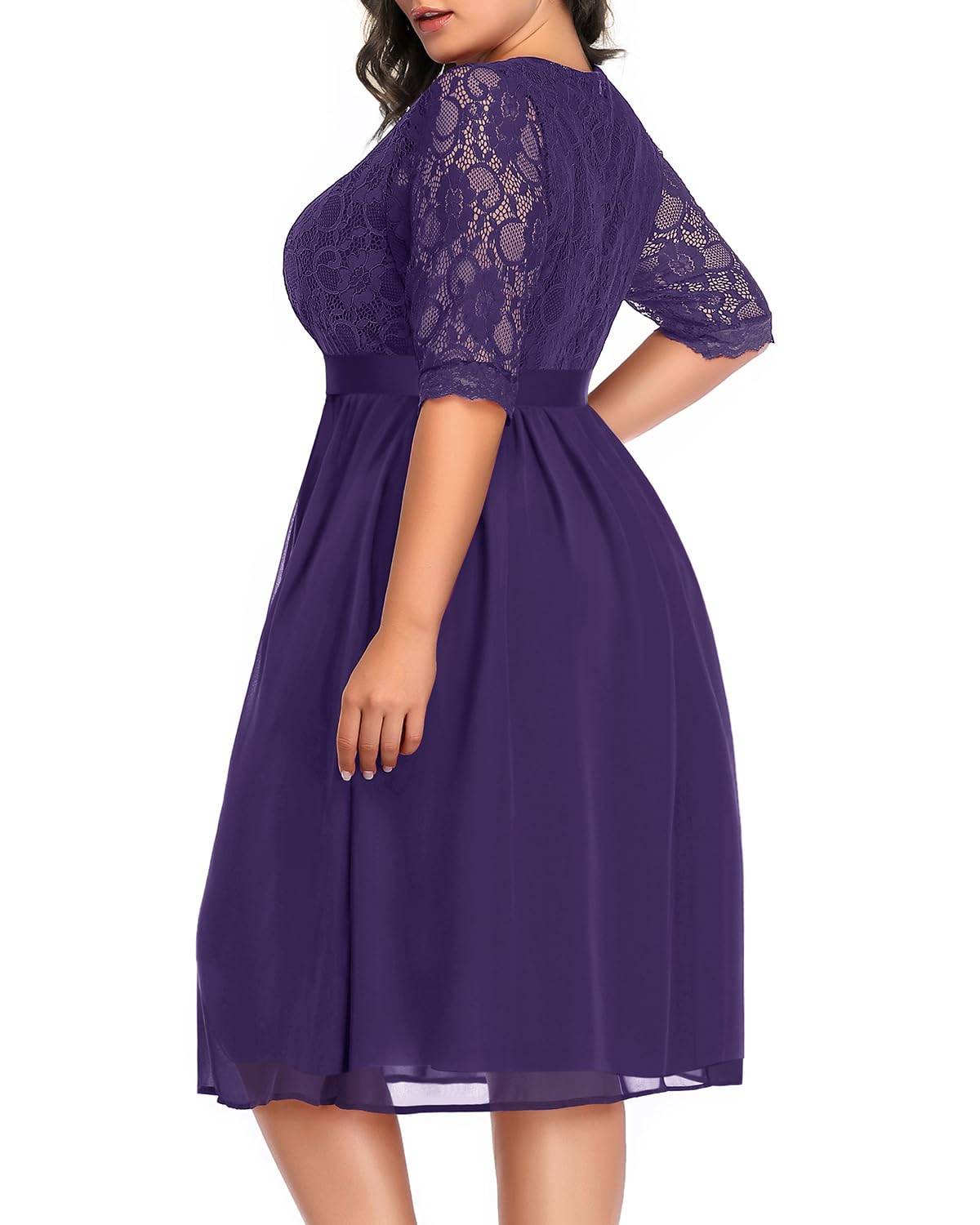 Plus Size Lace Chiffon Wrap V-Neck Cocktail Dress for Women | Elegant Wedding Guest Midi Dress | Perfect for Parties, Date Nights & Special Occasions