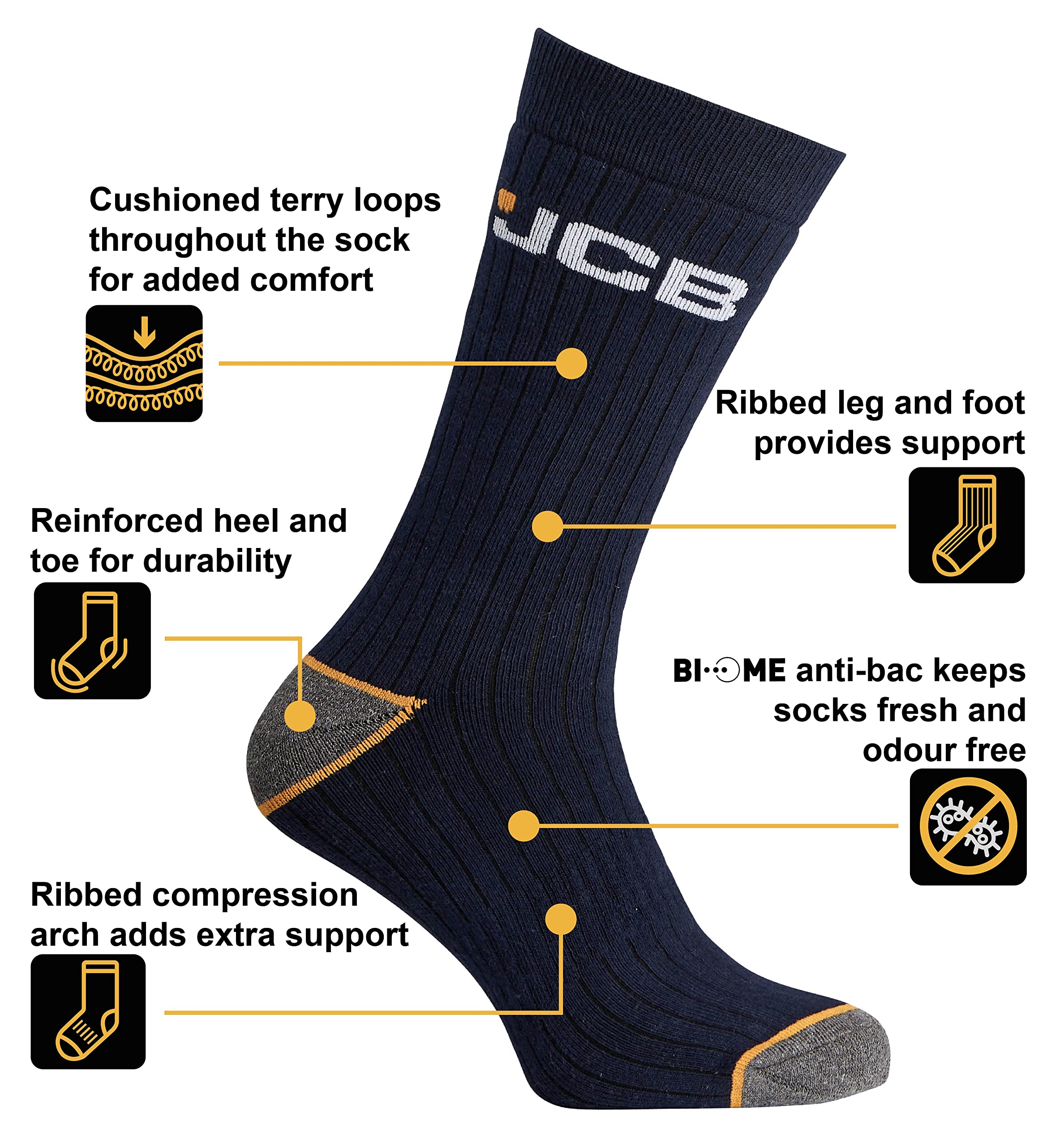 JCB Men's Work Socks 3 Pack - Breathable Outdoor Activity & Boot Socks for Hiking, Construction & Daily Wear (UK 6-8.5) - Durable Comfort Socks for Men