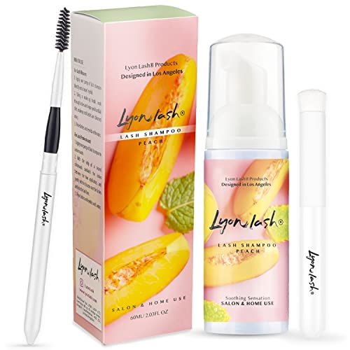 Lyon Lash Eyelash Extension Shampoo - Peach Scented, Gentle Foam Cleanser for Lash Extensions | Paraben Free, Sulfate Free, Oil Free Formula | Removes Makeup, Oil & Dust | Includes 60ml Bottle + Mascara Wand + Cleansing Brush | Perfect for Salon Professionals & Home Use | Ideal for Daily Lash Care & Extension Maintenance