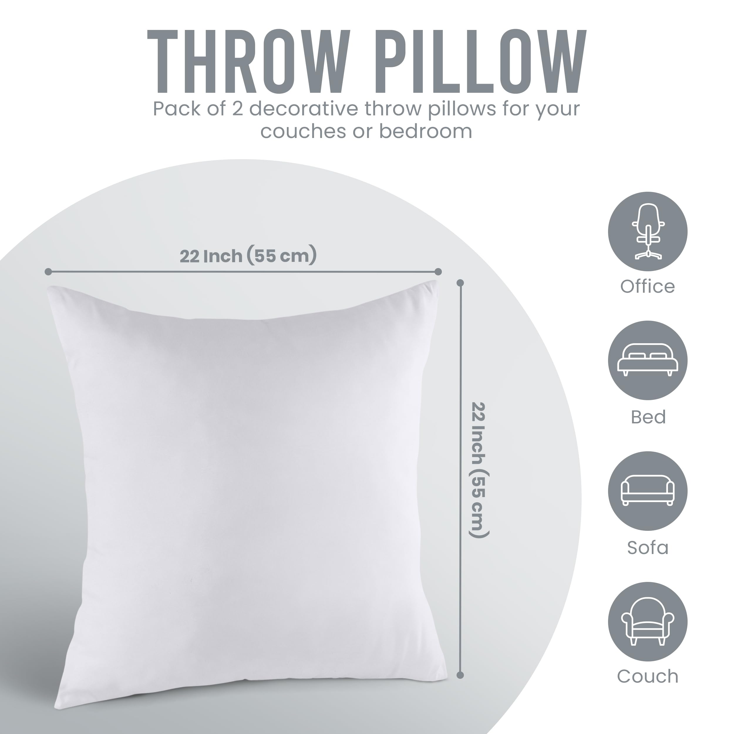 Utopia Bedding 22x22 Inch Throw Pillow Inserts (Pack of 2, White) - Soft Decorative Couch & Bed Pillows for Living Room, Bedroom - Perfect for Home Decor, Accent Pillows, Sofa Styling