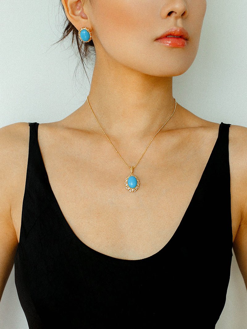 Elegant Vintage Blue Turquoise Pendant Necklace with Diamond Accents - Perfect for Weddings, Parties & Special Occasions