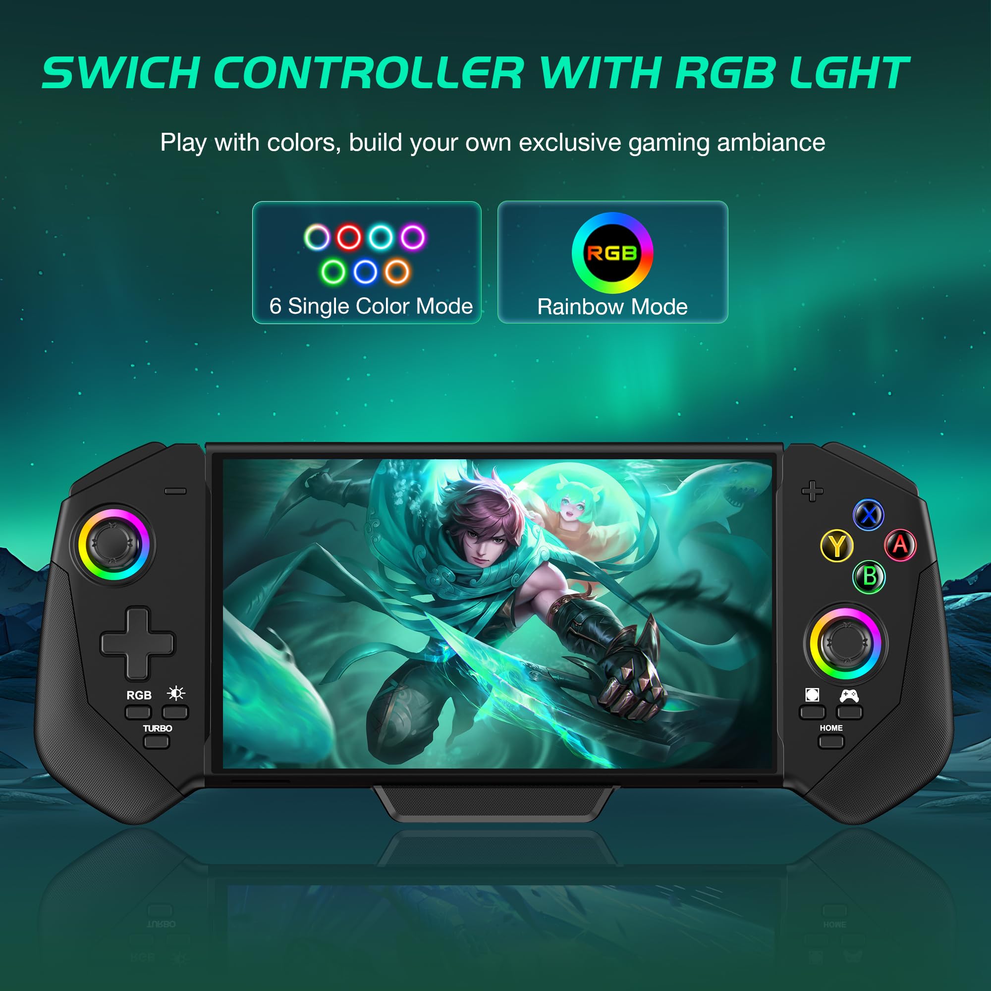 Wireless Switch Controller for Nintendo Switch & OLED - Ergonomic One-Piece Joypad with RGB Lighting, Turbo Function, 4 Game Card Slots & Dual Vibration Motors - Perfect for Gaming, Travel & Family Entertainment