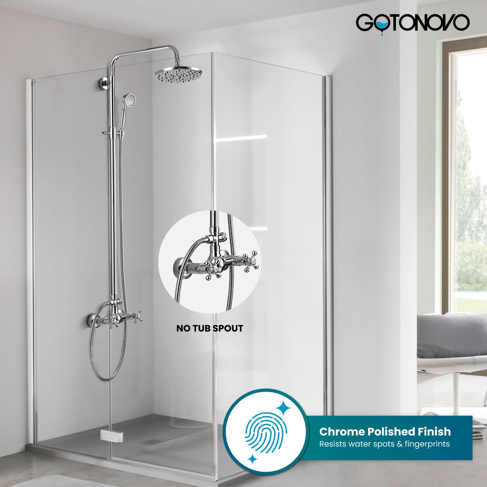 Gotonovo 8 Inch Rainfall Shower Head with Handheld Spray - Polished Chrome Wall Mount Bathroom Faucet Set (2 Functions) - Perfect for Modern Bathrooms & Spa-Like Showers