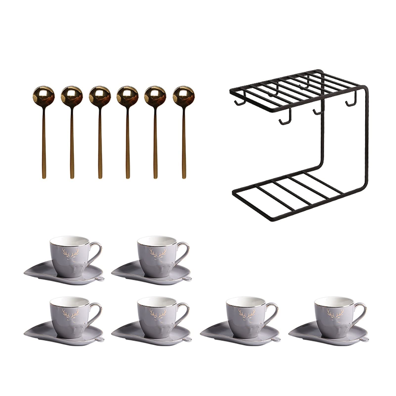 Premium 5.1 Oz Porcelain Espresso Cups Set with Saucers & Spoons - Gold Rim Coffee Mug & Black Metal Stand - 6-Piece Tea Set for Home, Cafe & Gifts - Elegant Dinnerware for Espresso, Cappuccino & Afternoon Tea