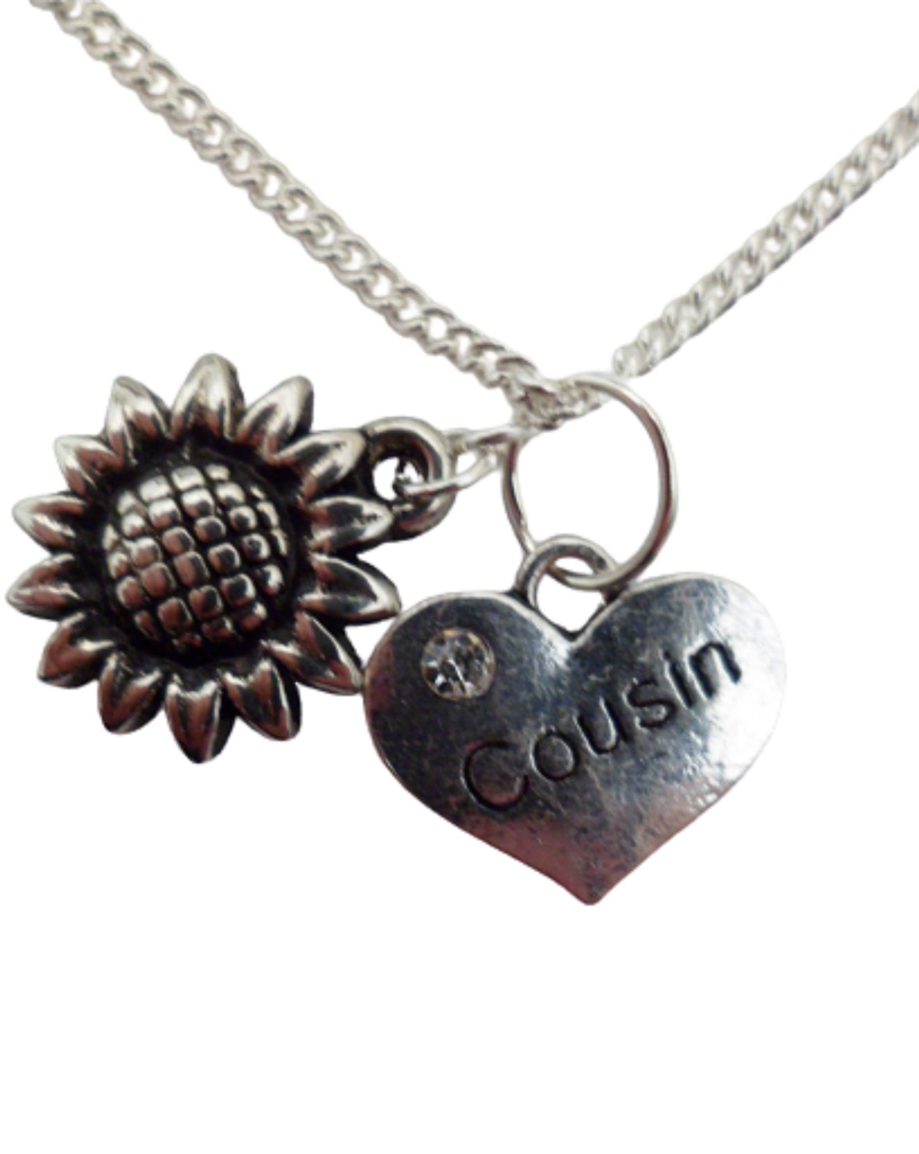 Silver Plated Cousin Love Heart Gem Charm Sunflower Necklace – Perfect for Birthdays, Anniversaries & Valentine's Day Gifts