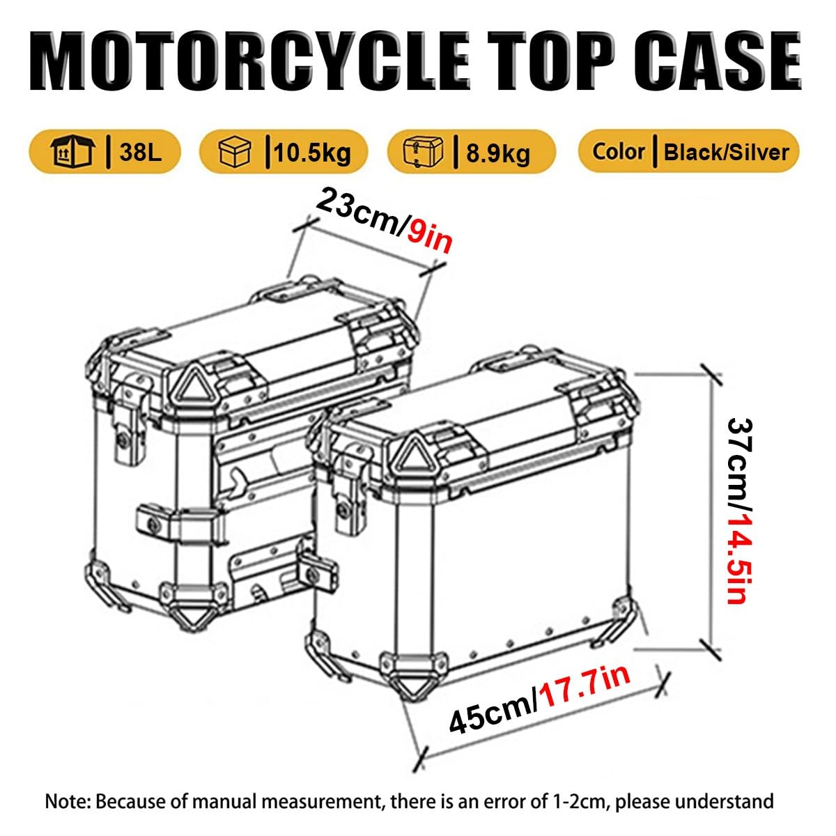 Universal Black Motorcycle Saddlebags 38L - Durable Rear Trunk Box for Scooters & Bikes