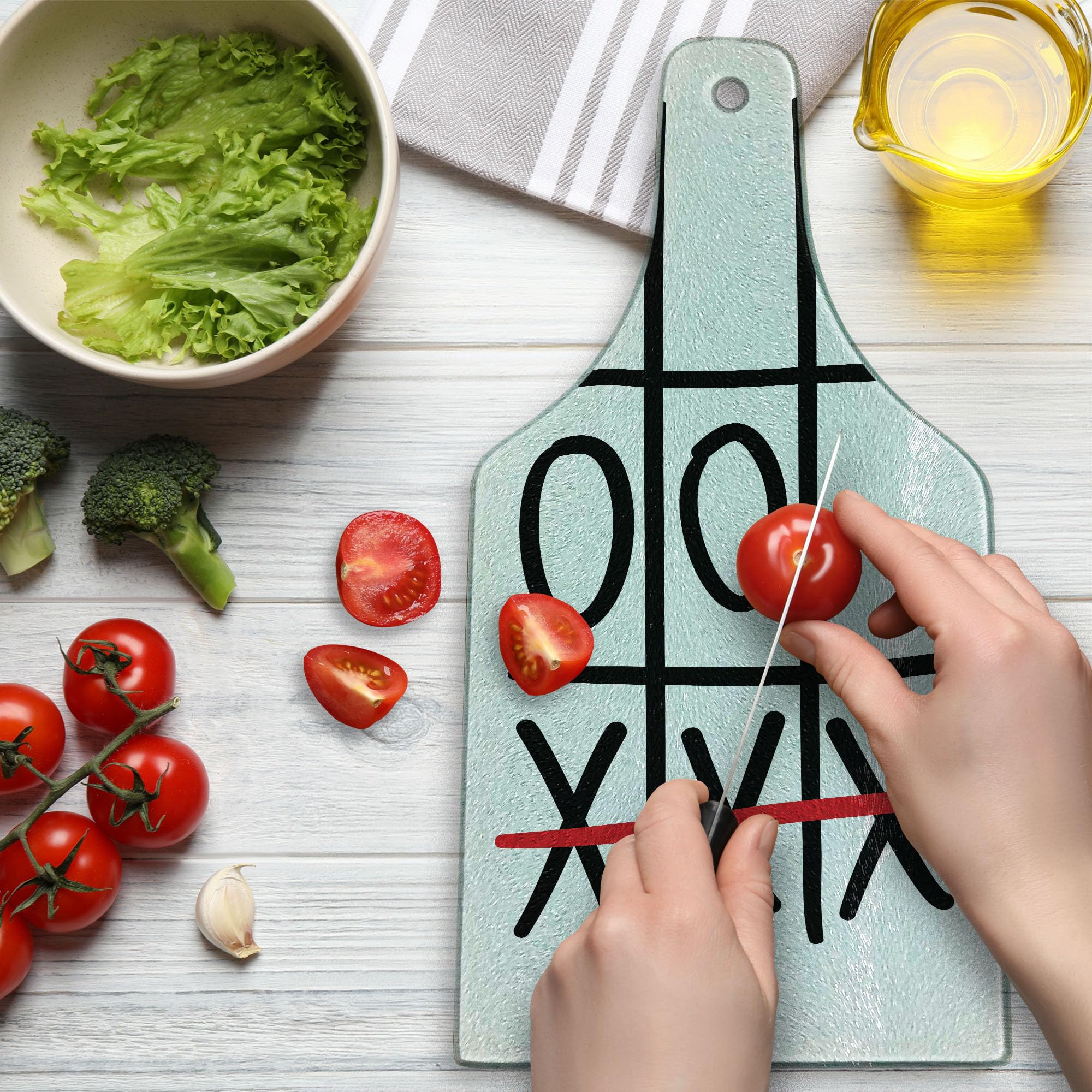 Ambesonne Xo Cutting Board - Hand Drawn Game Pattern Design, Tempered Glass Serving Board for Kitchen & Entertaining, Wine Bottle Shape in Vermilion Black White - Perfect for Charcuterie, Cheese Platters & Party Appetizers