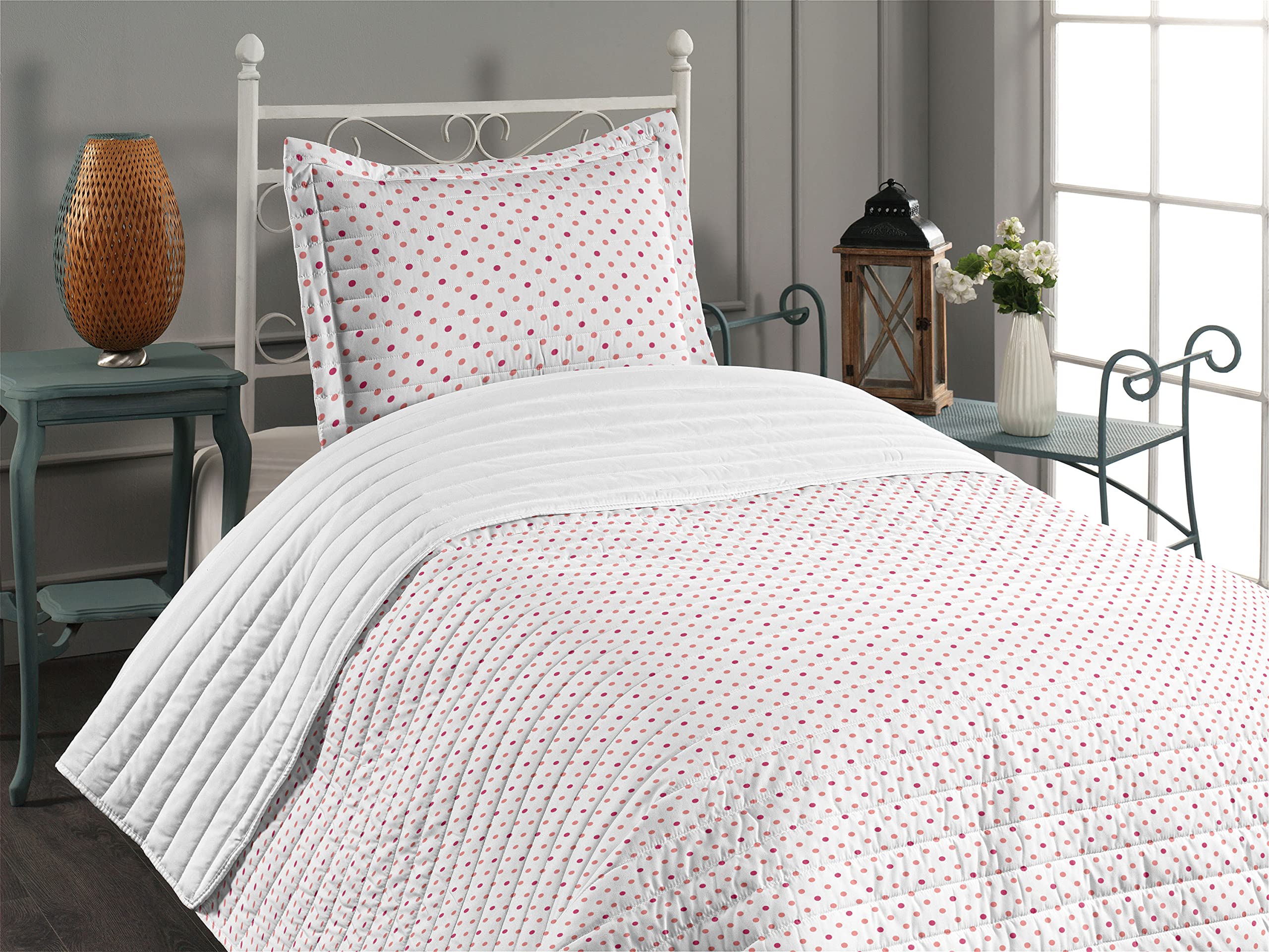 Ambesonne Coral Microfiber Bedspread Set - Classic Retro Style Polka Dot Design, Soft Pink & White Symmetrical Pattern, Includes Pillow Sham & Comforter, Twin Size | Perfect for Guest Rooms, Beach Houses & Boho Bedroom Decor
