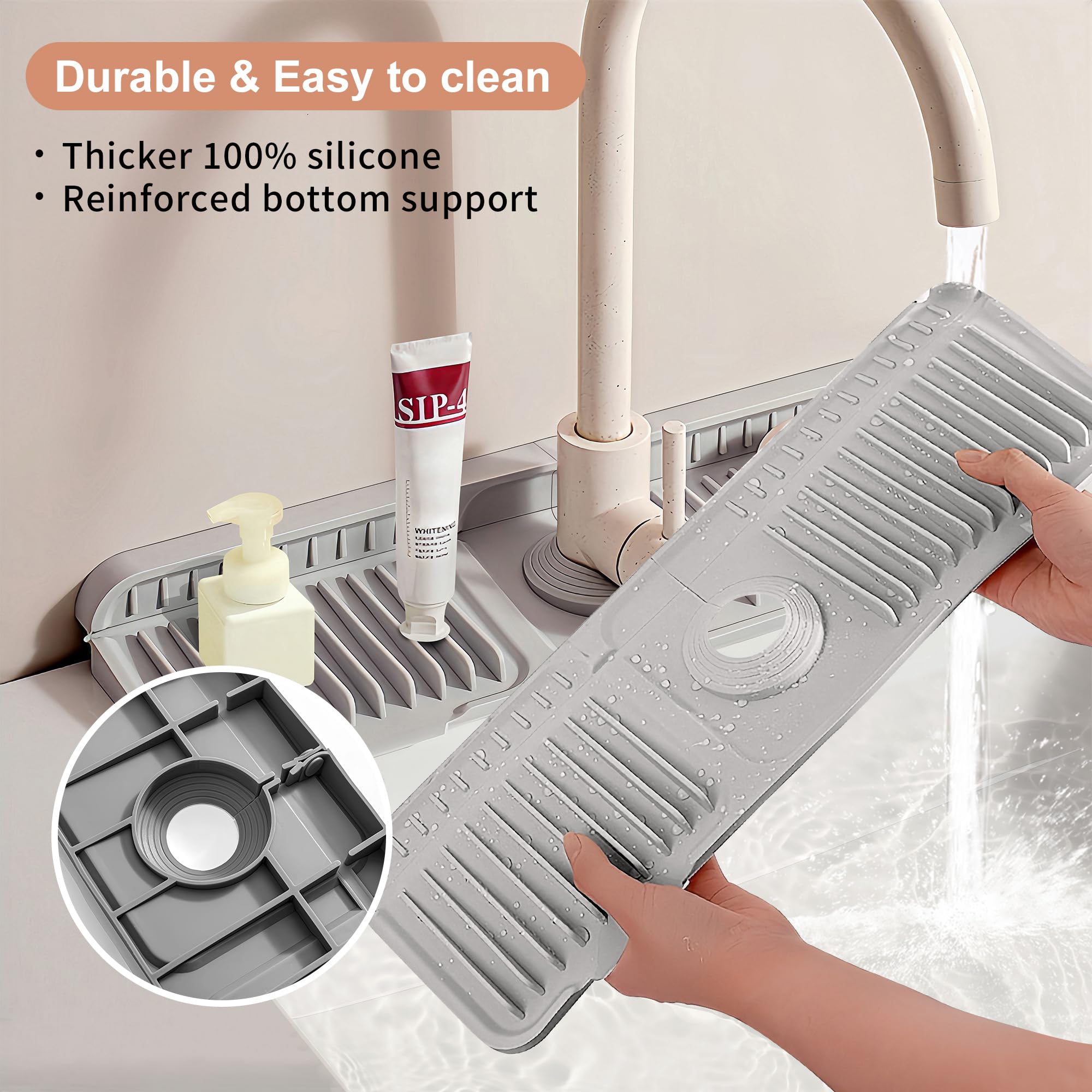 18 Inch Non-Slip Silicone Faucet Mat for Kitchen Sink - 6° Slope & Fasten Button Design, Quick-Dry Water Splash Guard Catcher Behind Faucet, RV & Bathroom Safe (Gray) | Perfect for Kitchen Countertops, RV Sinks, and Bathroom Vanities to Prevent Water Spills