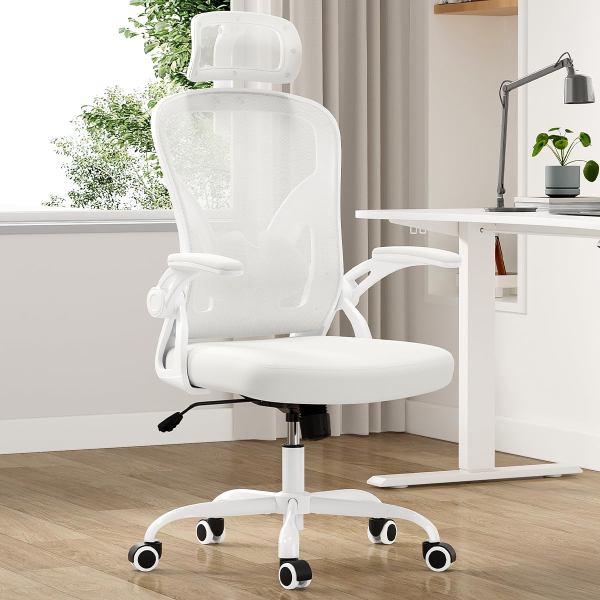 Farini Ergonomic Office Chair with Headrest - High Back Computer Desk Chair with Adjustable Lumbar Support & Flip-Up Armrests for Home Office, Study Room - All-White | Perfect for Long Work Hours, Gaming & Remote Work