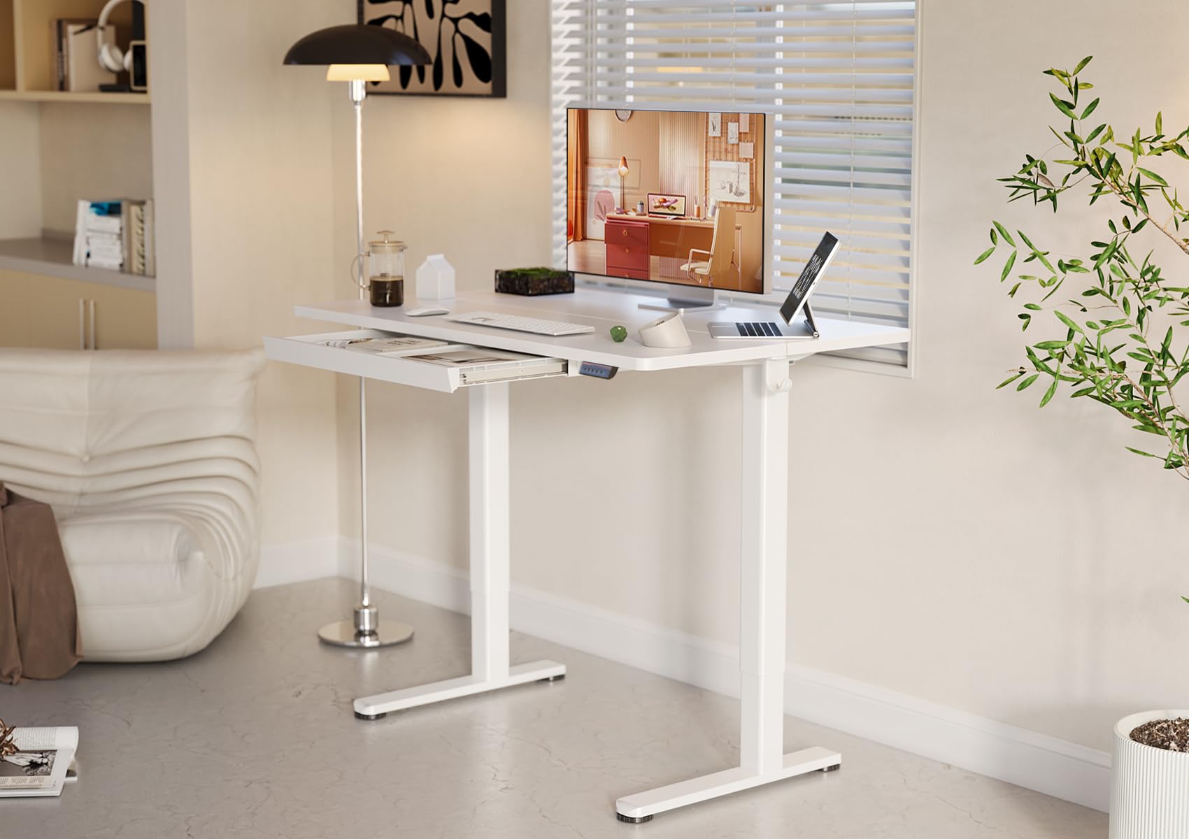 YDN 48 x 24 Inch White Electric Standing Desk with Drawers - Adjustable Height Computer Workstation for Home & Office - Ergonomic Sit Stand Desk for Working, Gaming & Studying