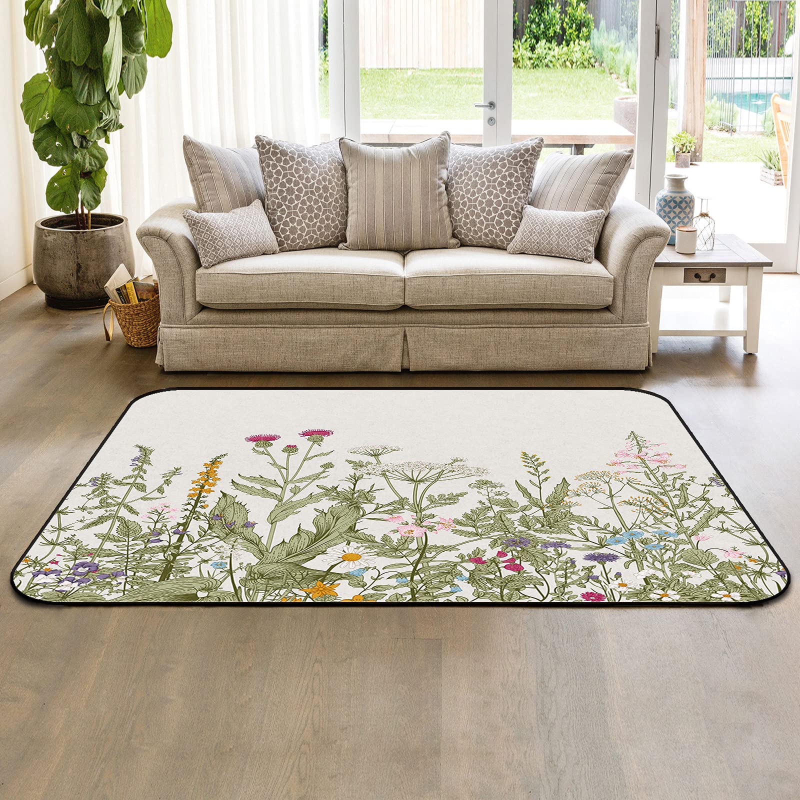 4' x 6' Vintage Floral Botanical Area Rug - Modern Throw Carpet with Herbs & Wildflowers Border - Indoor/Outdoor Nursery Rug for Kids - Perfect for Living Room, Bedroom & Rustic Backdrop Decor