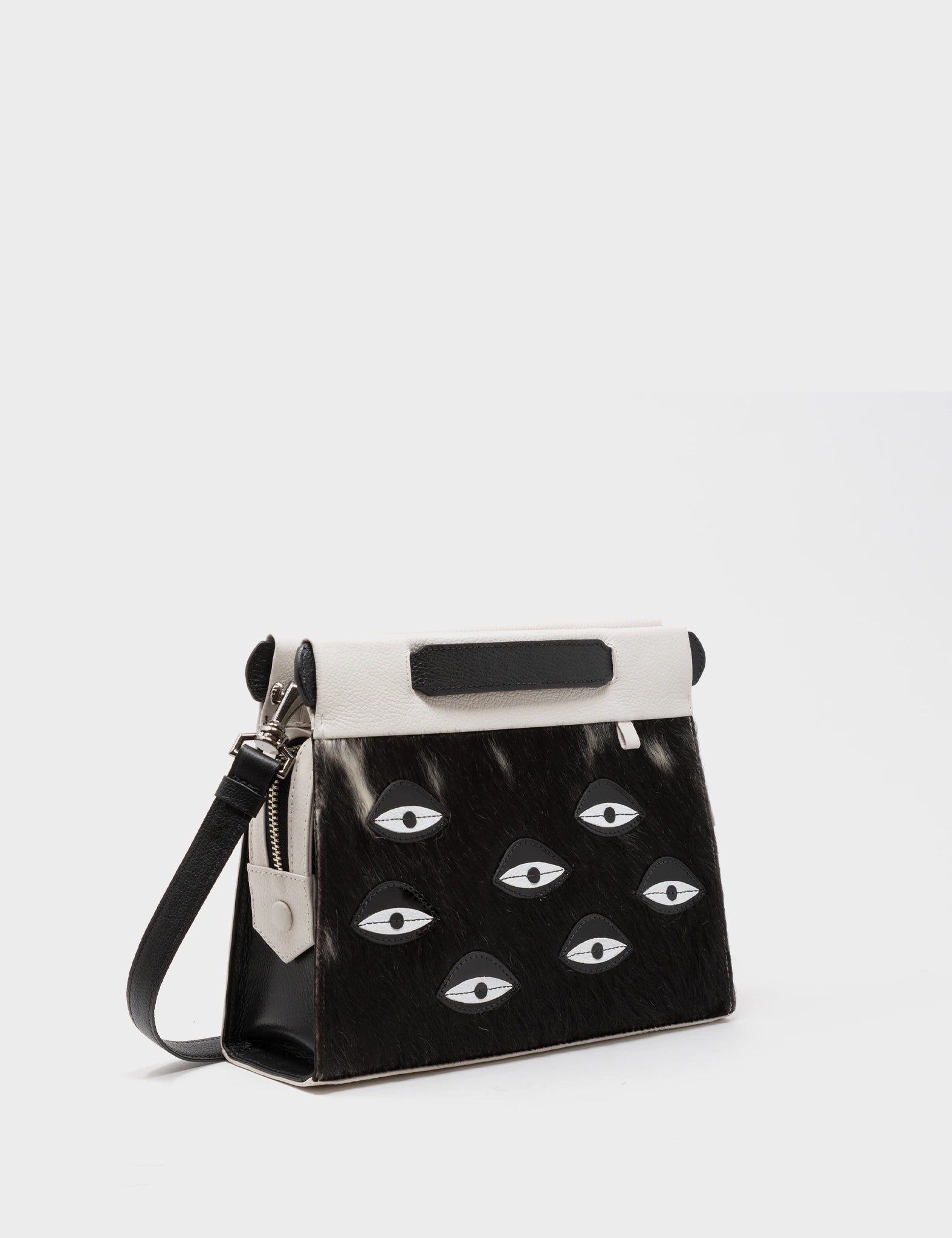 Vali Crossbody Small Cream Leather Bag with Eyes Applique & Adjustable Strap - Perfect for Everyday Use, Travel, and Casual Outings