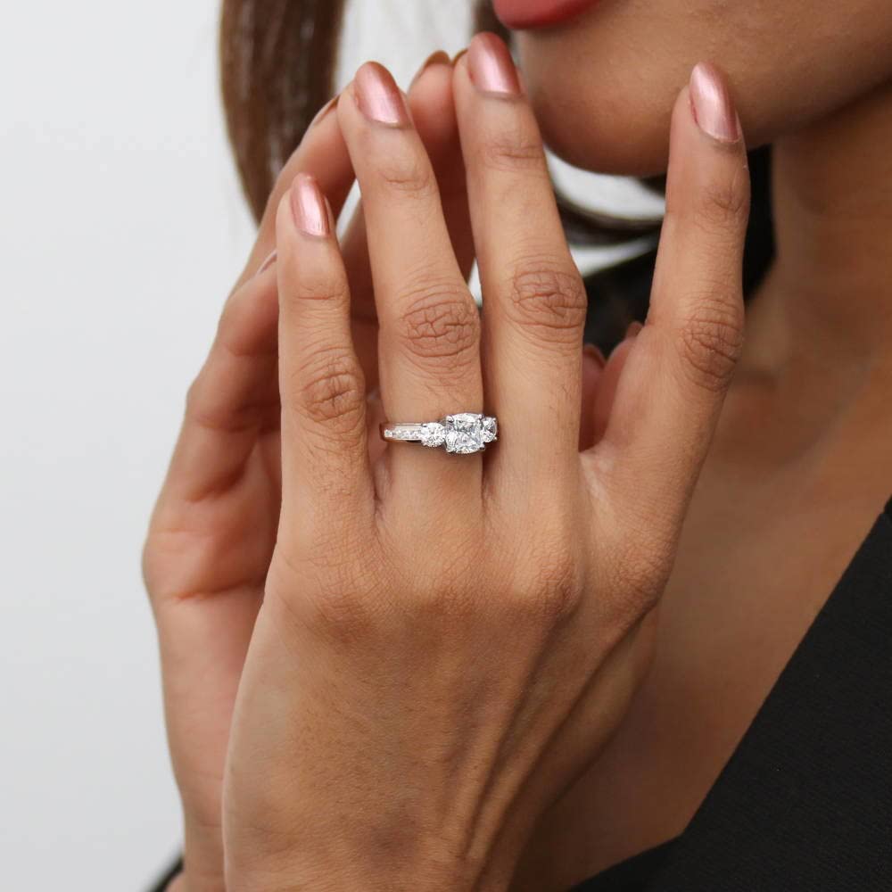 BERRICLE Sterling Silver 3-Stone Wedding & Engagement Ring - 1.5 Carat Cushion Cut Cubic Zirconia CZ Promise Ring for Women, Rhodium Plated, Size 4-10 - Perfect for Proposals, Anniversaries & Special Occasions