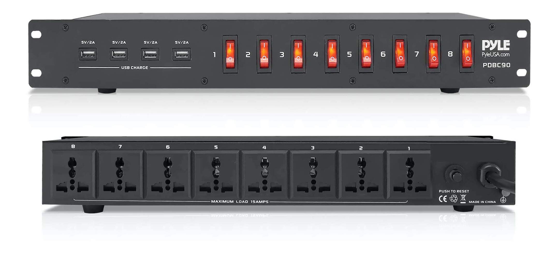 Pyle PDU Power Strip Surge Protector - 150 Joule 8 Outlet Heavy Duty Extension Cord with 8 Front Switch & 4 USB Ports, Rack Mount Power Outlet for Home Office, Server Room & Entertainment Center