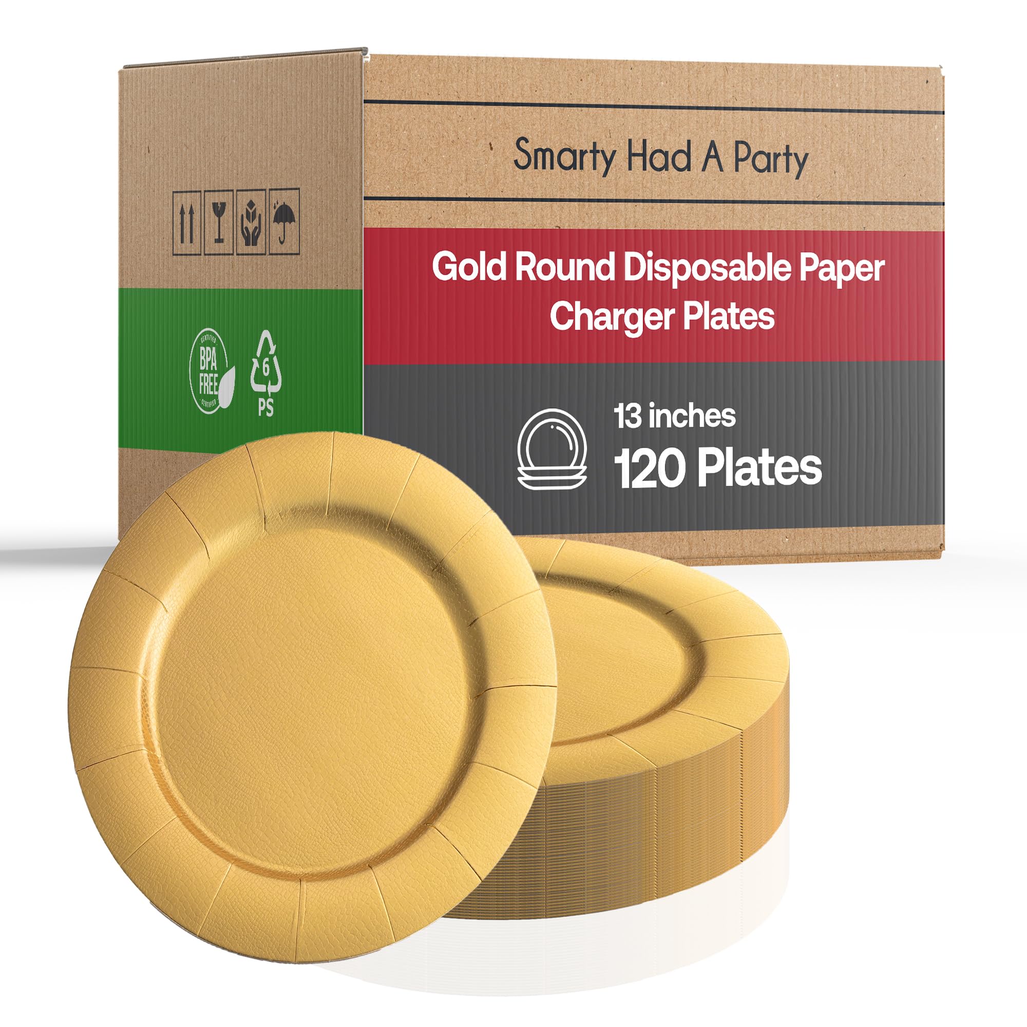 Smarty Had A Party 13 Inch Gold Disposable Charger Plates - 120 Pcs Heavy Duty Paper Dinner Plates for Weddings, Parties & Special Events - Elegant Tableware for Buffets, Catering & Formal Dining