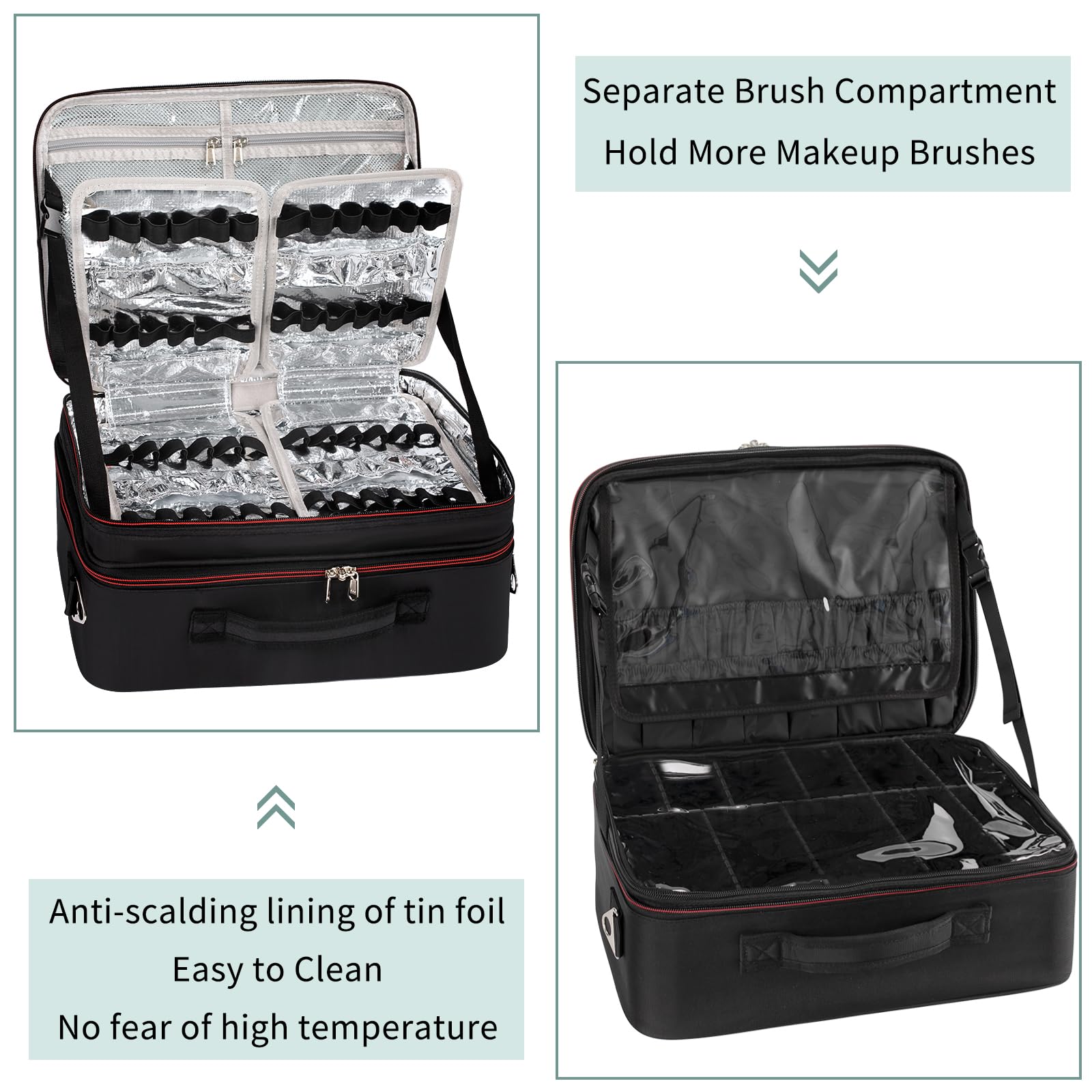 Extra Large Makeup Bag Organizer - XL Travel Cosmetic Case with Washable Plastic Divider & Heat Insulation Layer - Portable Artist Storage for Lipstick, Makeup & Toiletry Accessories (Black) - Perfect for Travel, Home Organization & Professional Makeup Artists