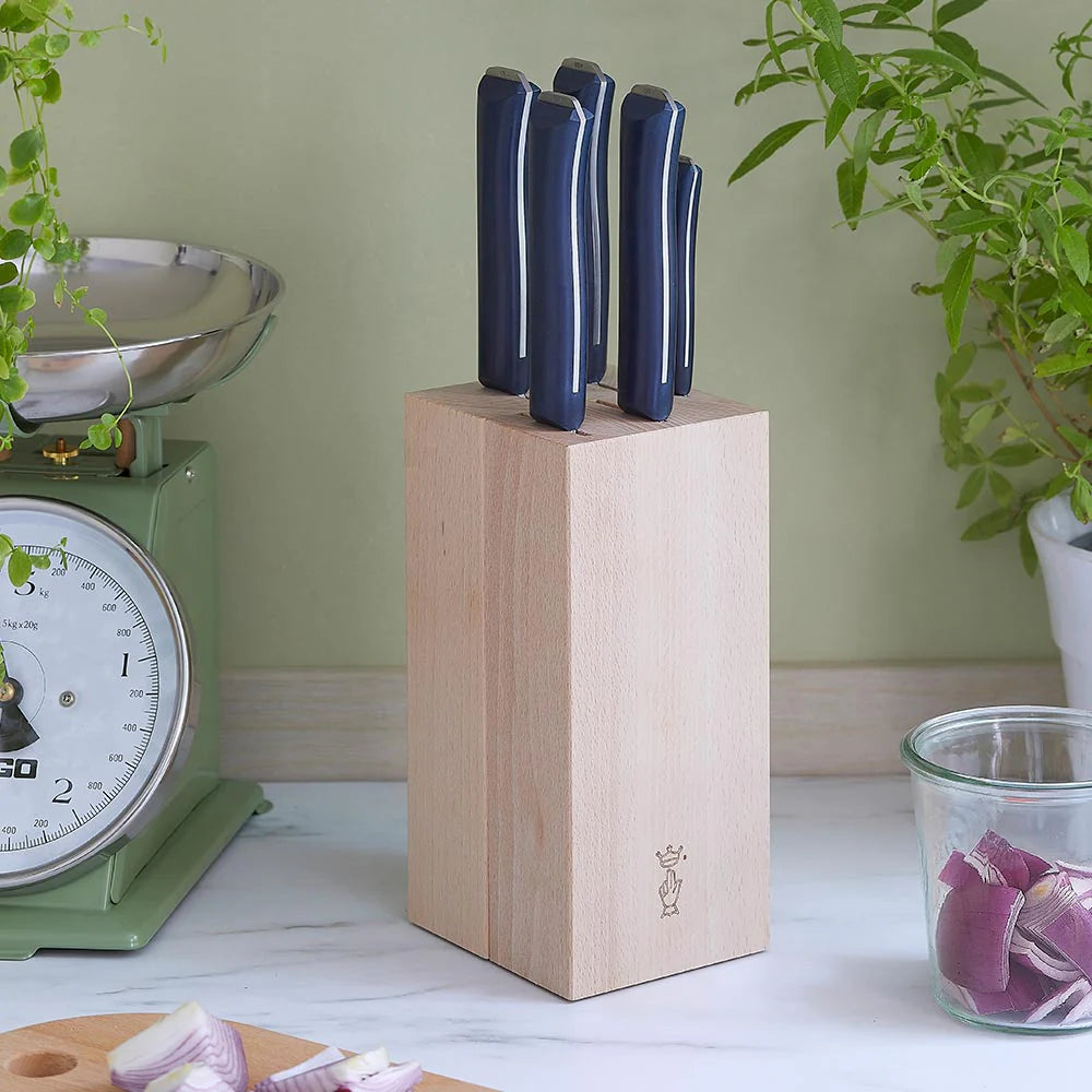Opinel Intempora 5-Piece Knife Block Set - High Carbon Stainless Steel Kitchen Knives with Wooden Stand - Perfect for Home Cooking, BBQ, and Food Preparation