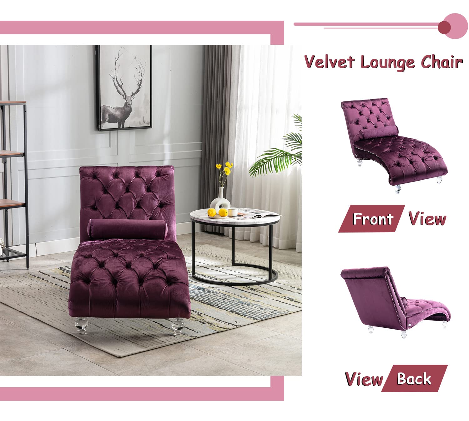 KINFFICT Velvet Chaise Lounge Chair with Toss Pillow - Modern Tufted Button Accent Chair with Sturdy Acrylic Legs - Plush Upholstered Sleeper Chair for Living Room, Bedroom & Office - Elegant Purple Home Decor for Relaxation & Stylish Interior Design
