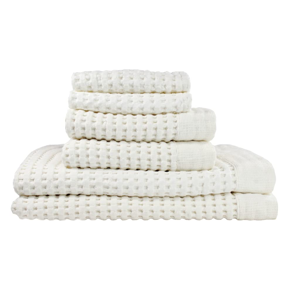Premium GILDEN TREE Waffle Weave Towel Set - 2 Bath Towels, 2 Hand Towels & 2 Washcloths - Ultra Absorbent Quick Dry Bathroom Towels for Spa, Gym & Luxury Home Use (Cream, Modern Style)