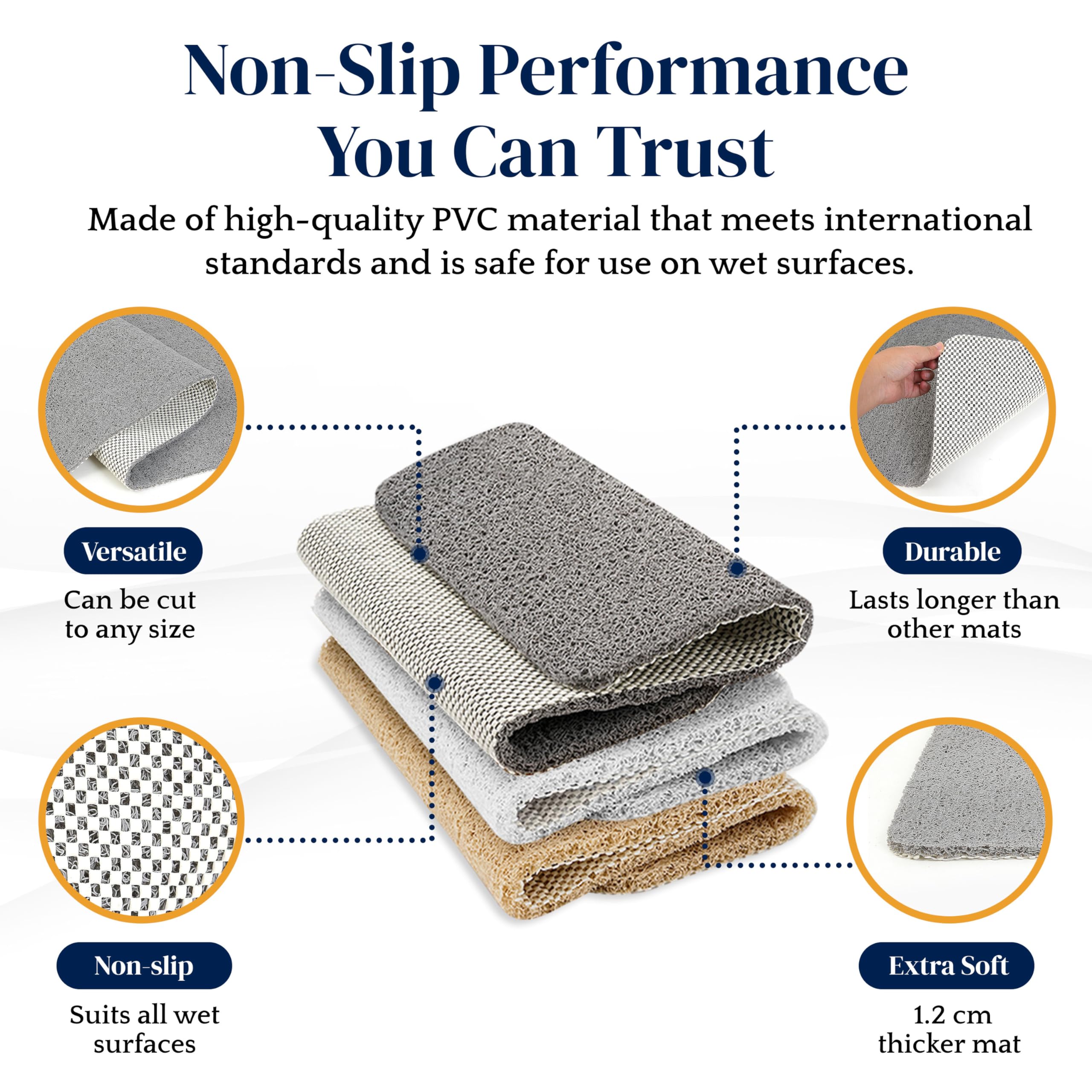 Non-Slip Soft Shower Bath Mat - Anti-Mold Quick-Dry PVC Loofah Style (60x40cm) - Washable Grey Bathroom Mat for Wet Floors - Perfect for Bathrooms, Showers & Spa Areas
