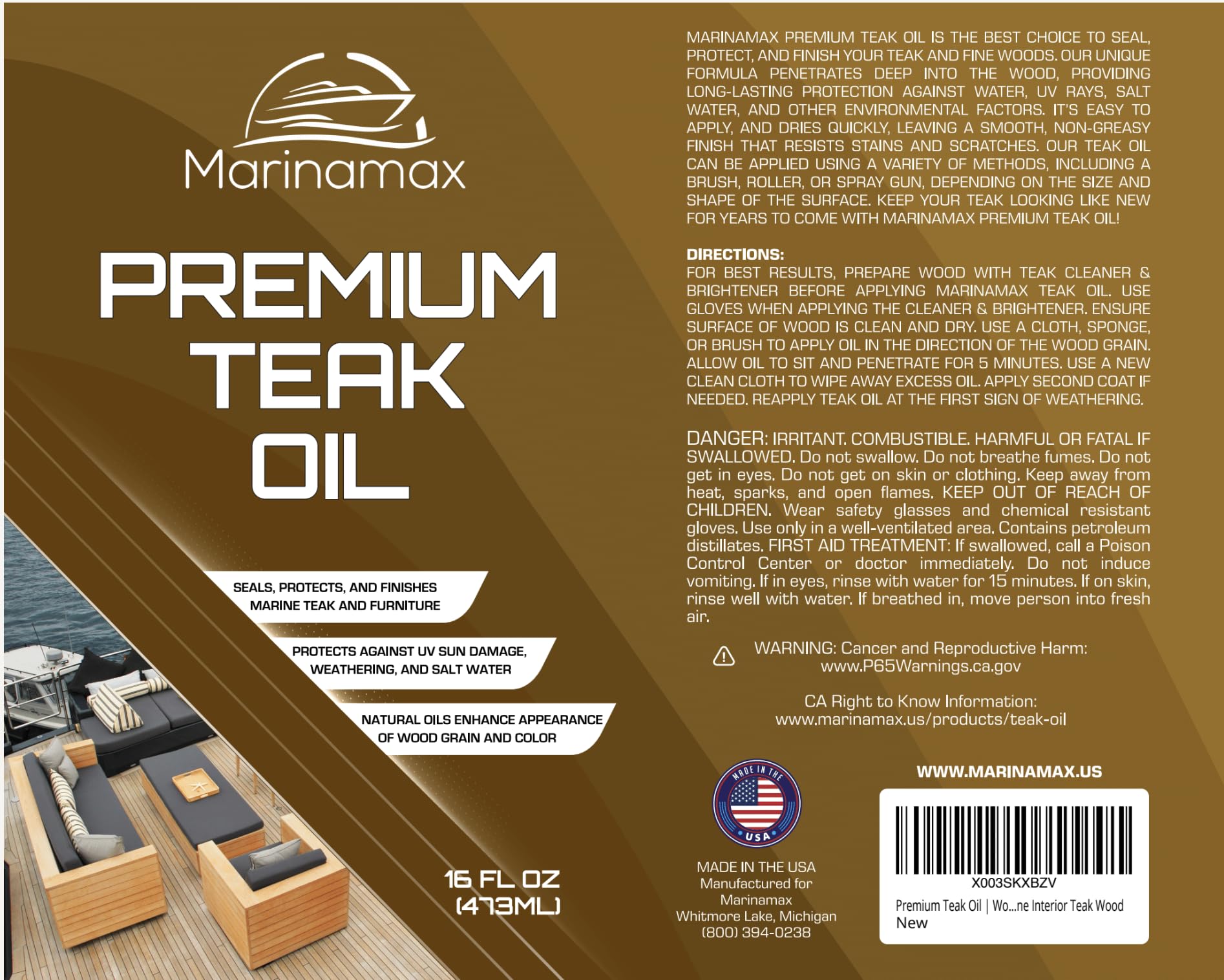 Premium Teak Oil 16 Oz - Natural Wood Finish, Protector & Sealer for Indoor/Outdoor Furniture | Restores & Protects Teak Wood on Boats, Decks, Patio Furniture | Ideal for Marine, Outdoor & Home Use