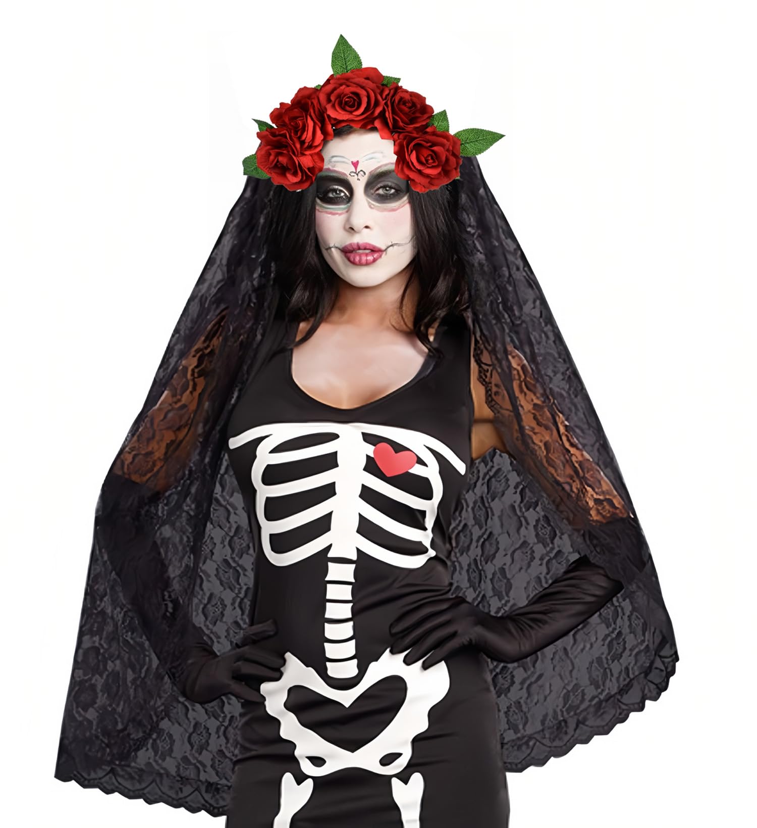 June Bloomy Day of the Dead Floral Crown - Mexican Rose Flower Headband with Veil for Halloween Costume, Dia de los Muertos Celebration & Festival Accessories