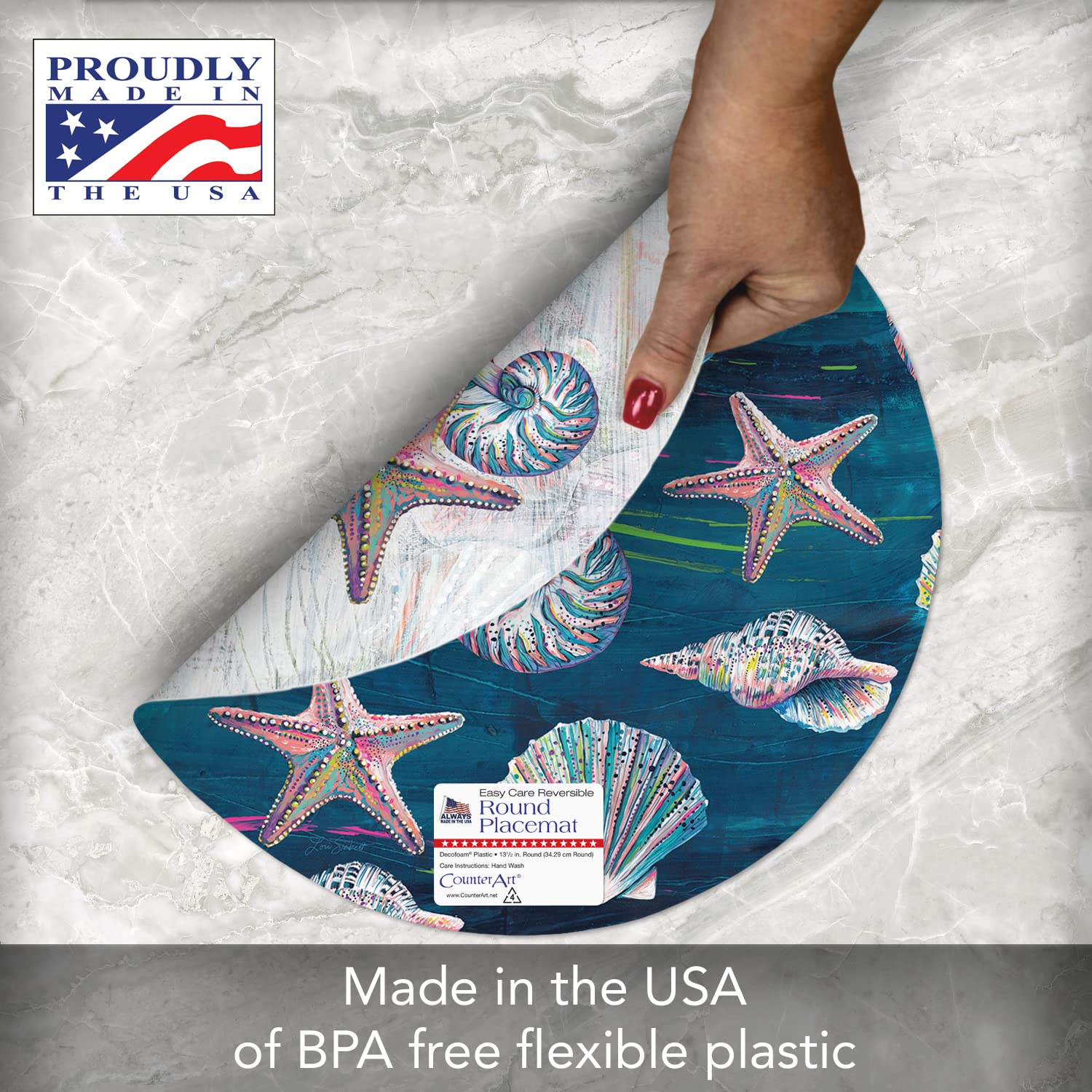 CounterArt Jewels of The Sea 4-Pack Round Reversible Plastic Placemats – Easy Care, Flexible & Wipe Clean – Made in USA – Perfect for Dining Tables, Kitchens & Outdoor Entertaining