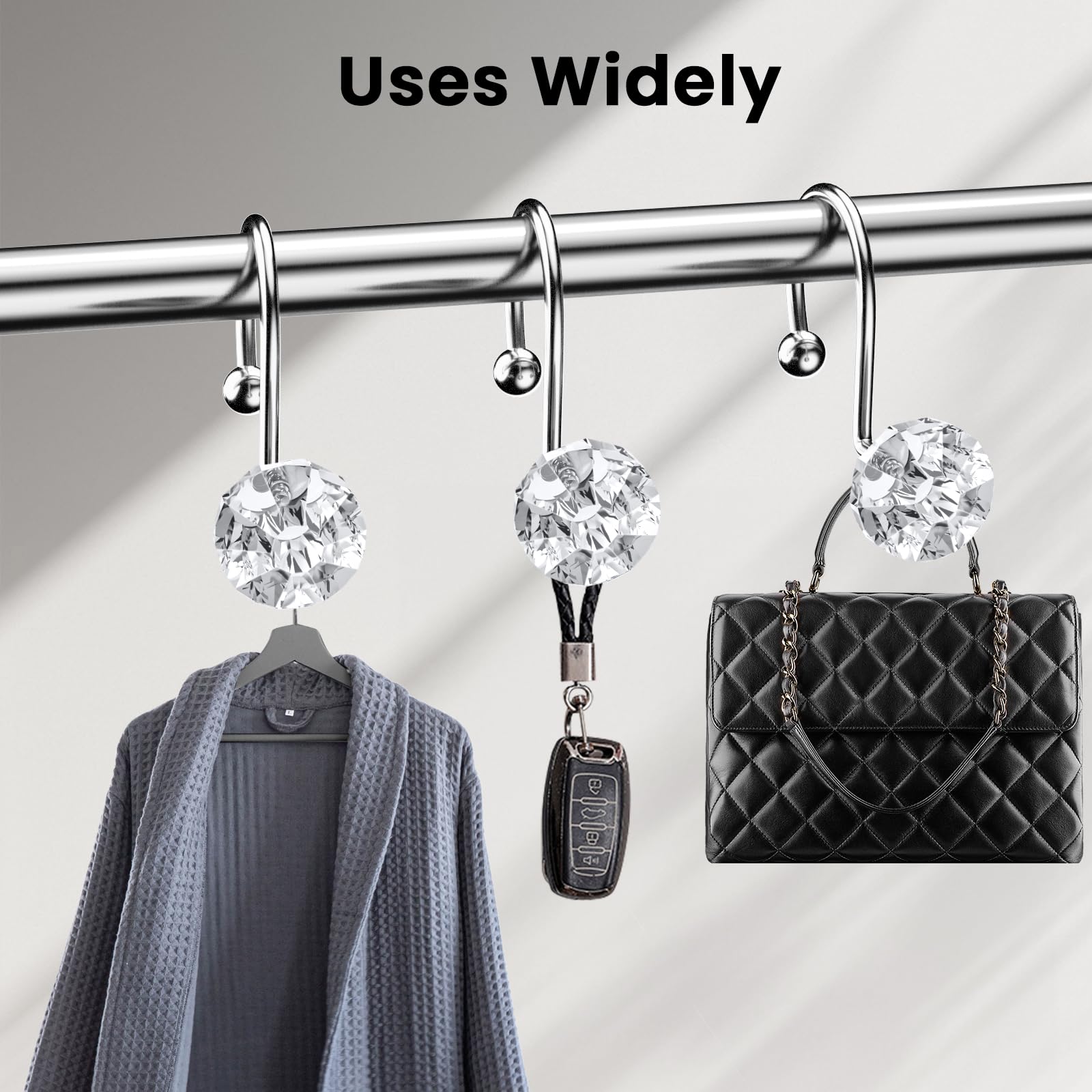 12PCS Crystal Shower Curtain Hooks - Diamond Shaped Bathroom Decor Hooks for Shower Curtains & Rods, Clear - Perfect for Modern Bathroom, Spa, Hotel & Home Decor