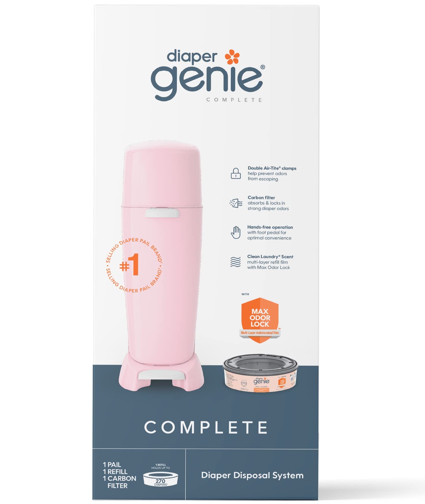 Playtex Diaper Genie Complete Diaper Pail with Odor Control & Antimicrobial Protection - Includes Pail & 1 Refill, Pink - Perfect for Nursery, Baby Room & Daycare Diaper Disposal