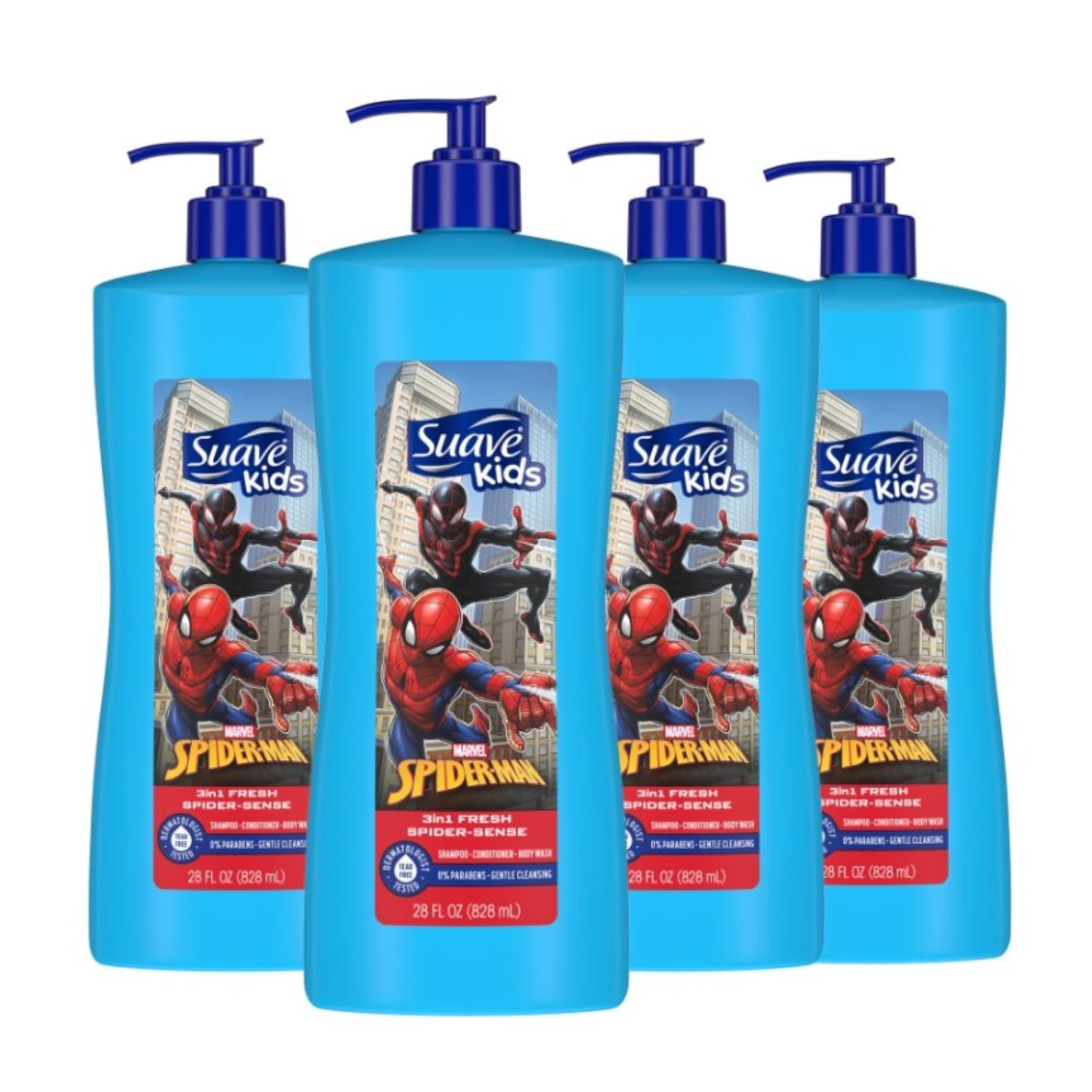 Suave Kids 3-in-1 Tear-Free Shampoo, Conditioner & Body Wash - Fresh Spider-Scent, Dermatologist Tested, 28oz (Pack of 4) | Gentle Baby Bath & Shower Essentials for Sensitive Skin