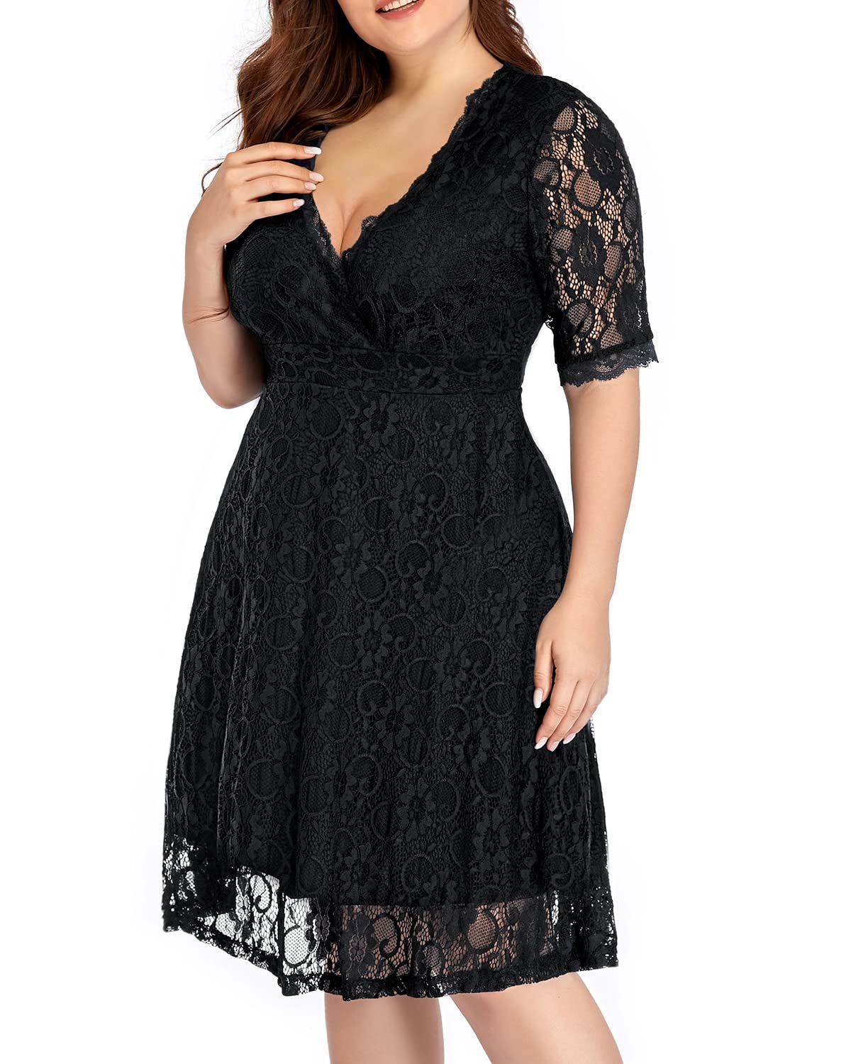 Plus Size Women's Lace Wrap V-Neck Knee-Length Dress for Wedding Guest & Cocktail Party | Semi-Formal Elegant Attire for Special Occasions